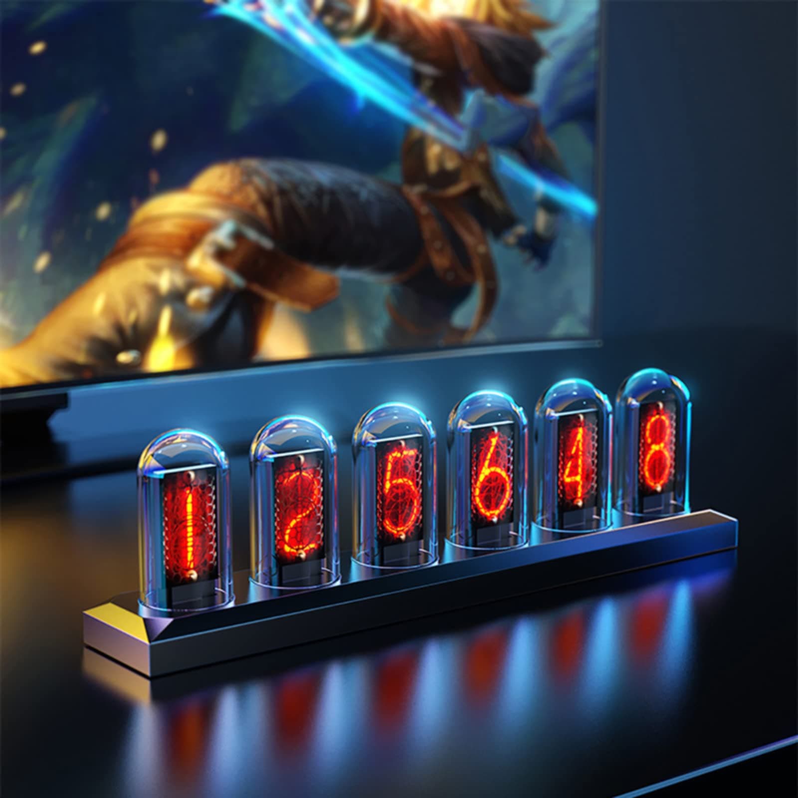 Nixie Tube Clock, RGB Creative Clock with Power off memory function, 6 Bit RGB Glow LCD Time Photo Display and 12 and 24 Hours Display, 16 Million Colors and 3 light modes, for Bedroom