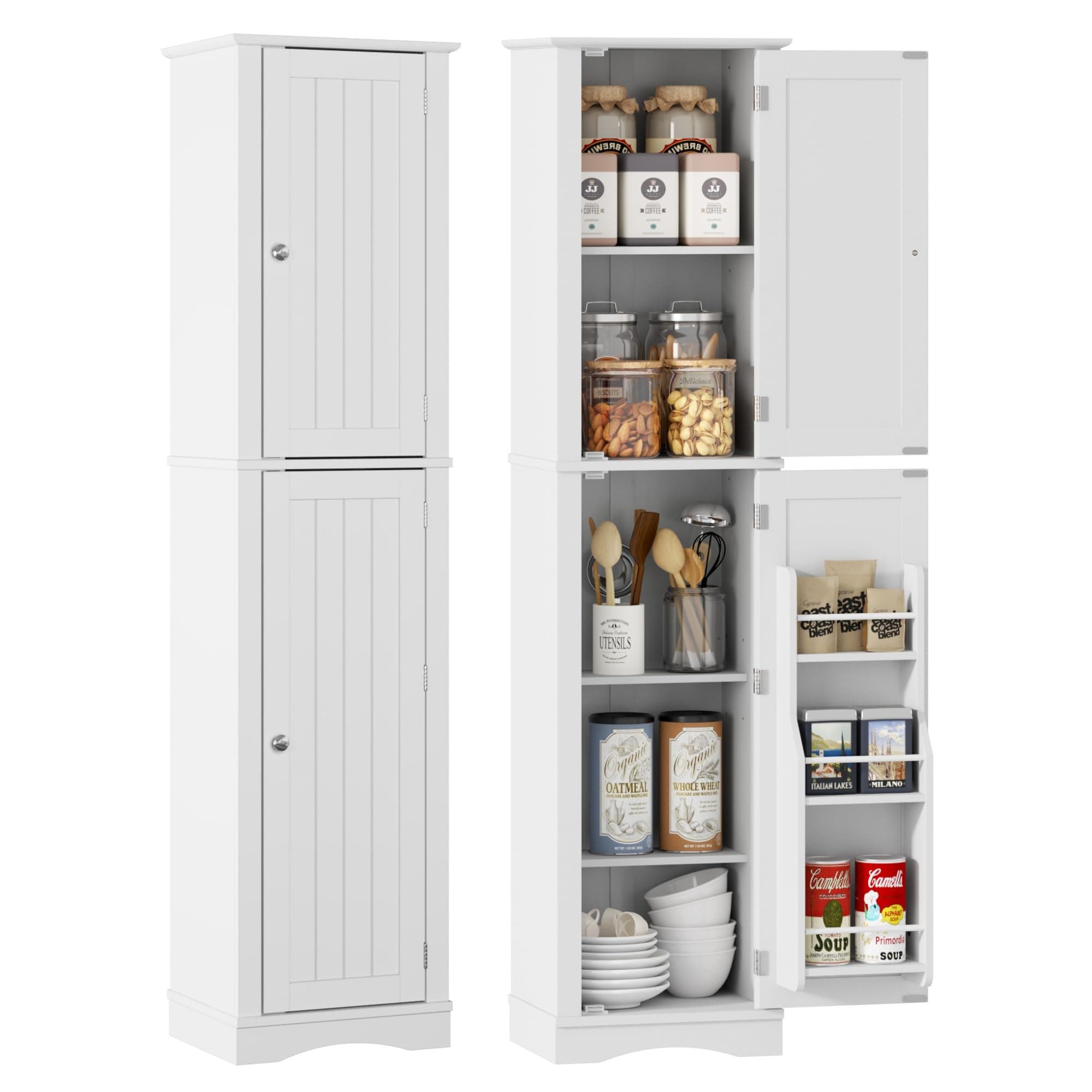 Function Home Tall Bathroom Storage Cabinet 64" Slim Kitchen Pantry with Door Storage, Narrow Wooden Freestanding Cabinet with Adjustable Shelves, Kitchen, Living Room, Dining Room, White