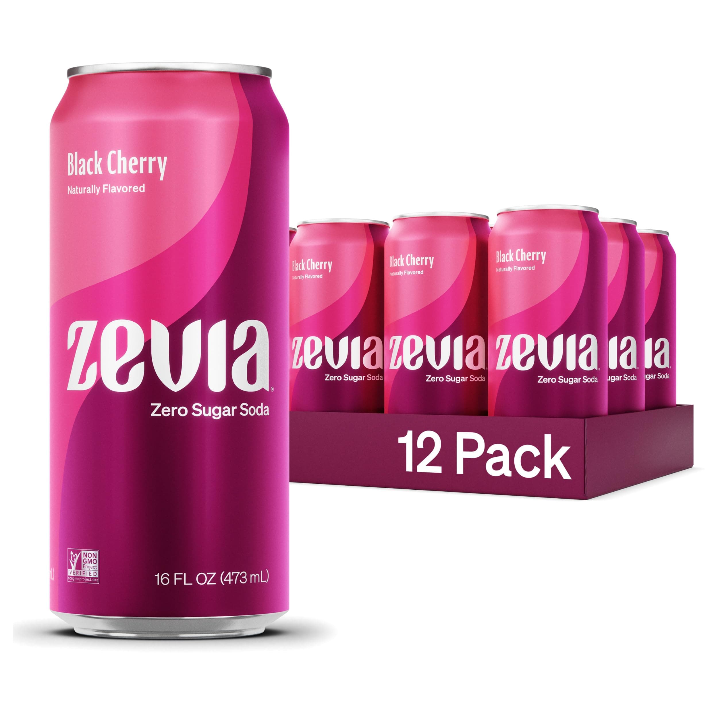 Zevia Zero Sugar Soda, Black Cherry, 16 oz Cans (12-Pack) – Naturally Sweetened, Non-GMO Project Verified, Gluten-Free, Vegan