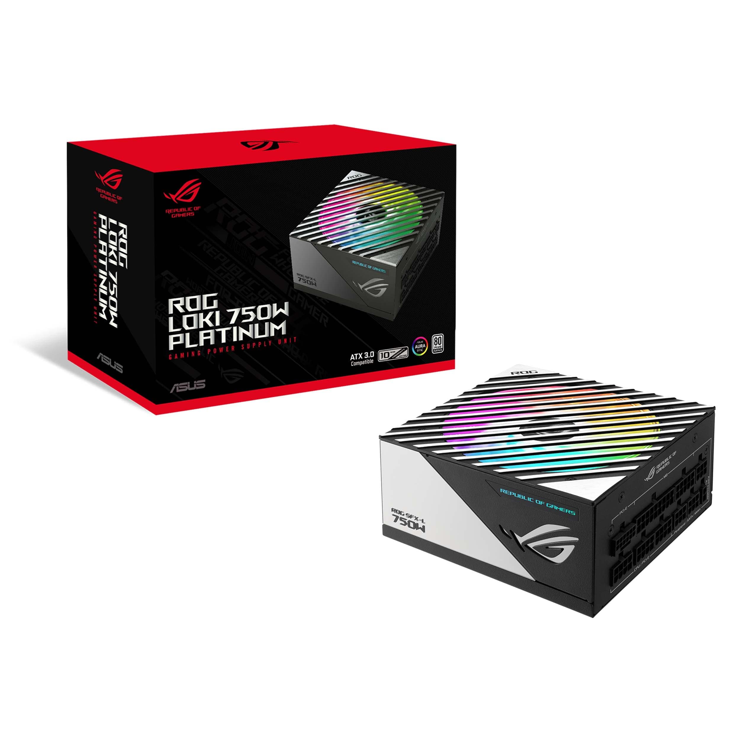 ASUS ROG Loki SFX-L 750W Fully Modular Power Supply, 80Plus Platinum Efficiency, PCIe Gen 5.0, 120mm Dual Ball Bearing Fan, ATX 3.0 Compatible, aRGB Aura Sync-Black/White