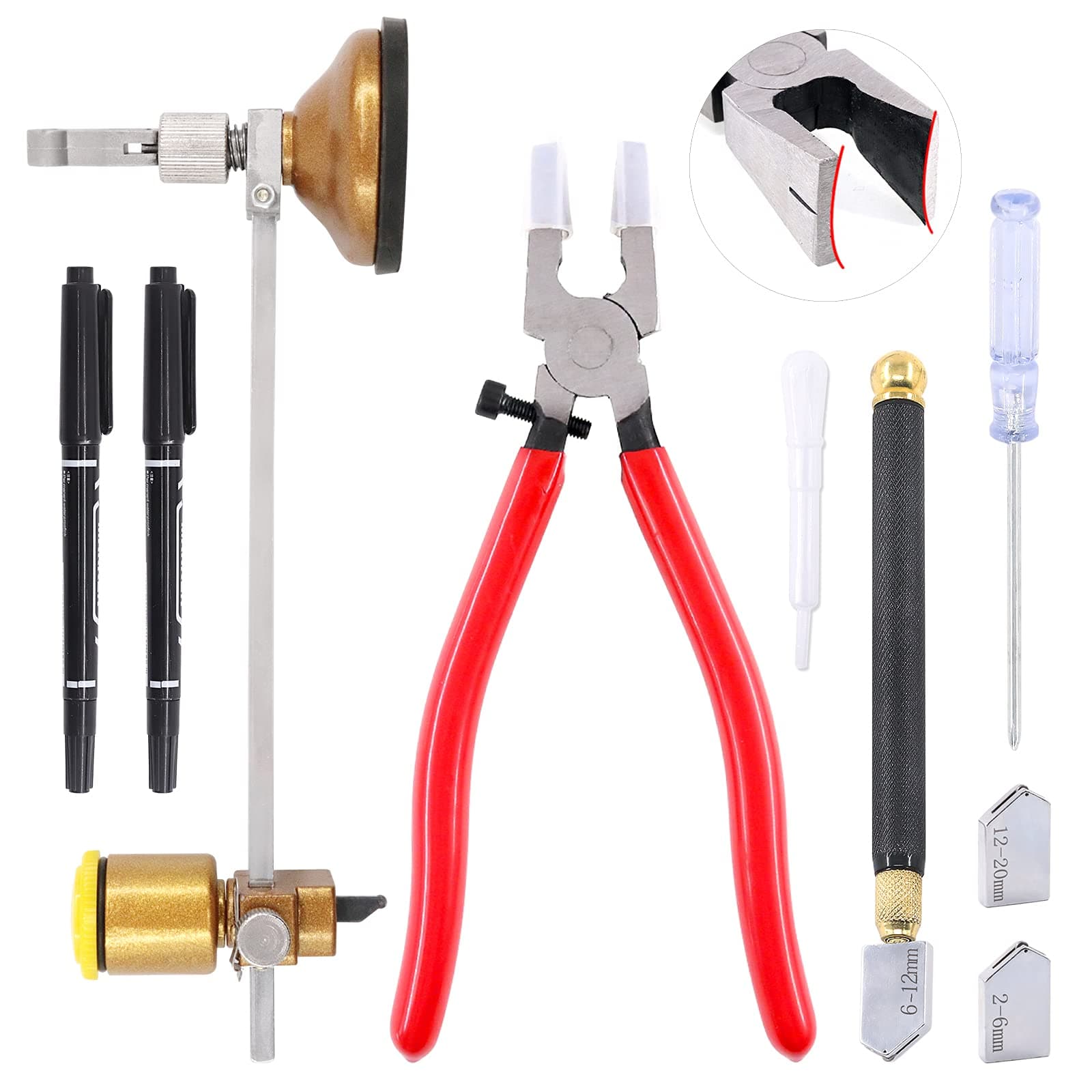 Keadic K830 Glass Cutting Tool Set Kit Includes Adjustable Circular Glass Cutter, Glass Running Pliers with Rubber Tip, 2mm-20mm Oil Feed Carbide Tip with 3 Bonus Blades for Mirrors Tiles Mosaic