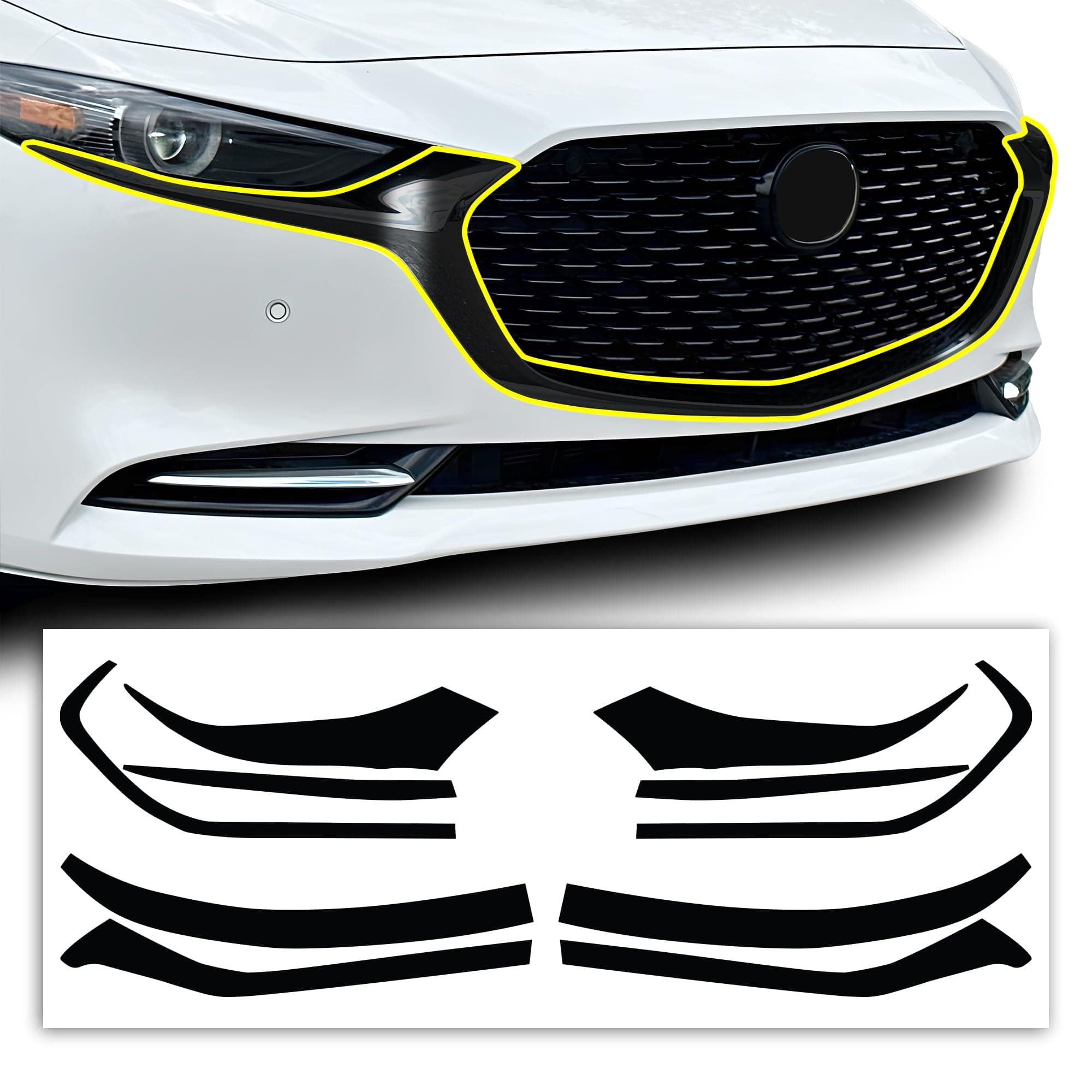 BOGAR TECH DESIGNS for Mazda 3 2019-2026 Front Chrome Delete – Precut Vinyl Overlay Kit, Gloss Black Blackout Trim