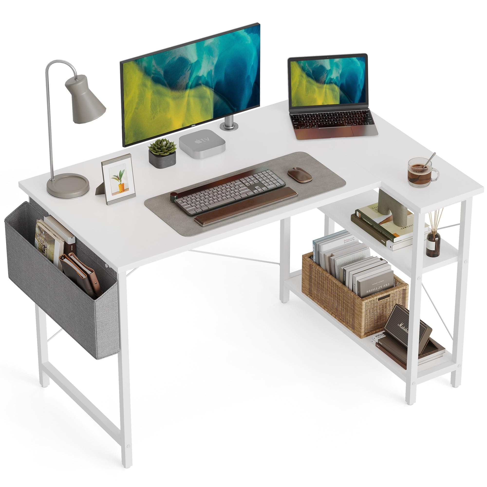 CubiCubi 100 cm Small L Shaped Computer Desk with Storage Shelves Home Office Corner Desk Study Writing Table, White