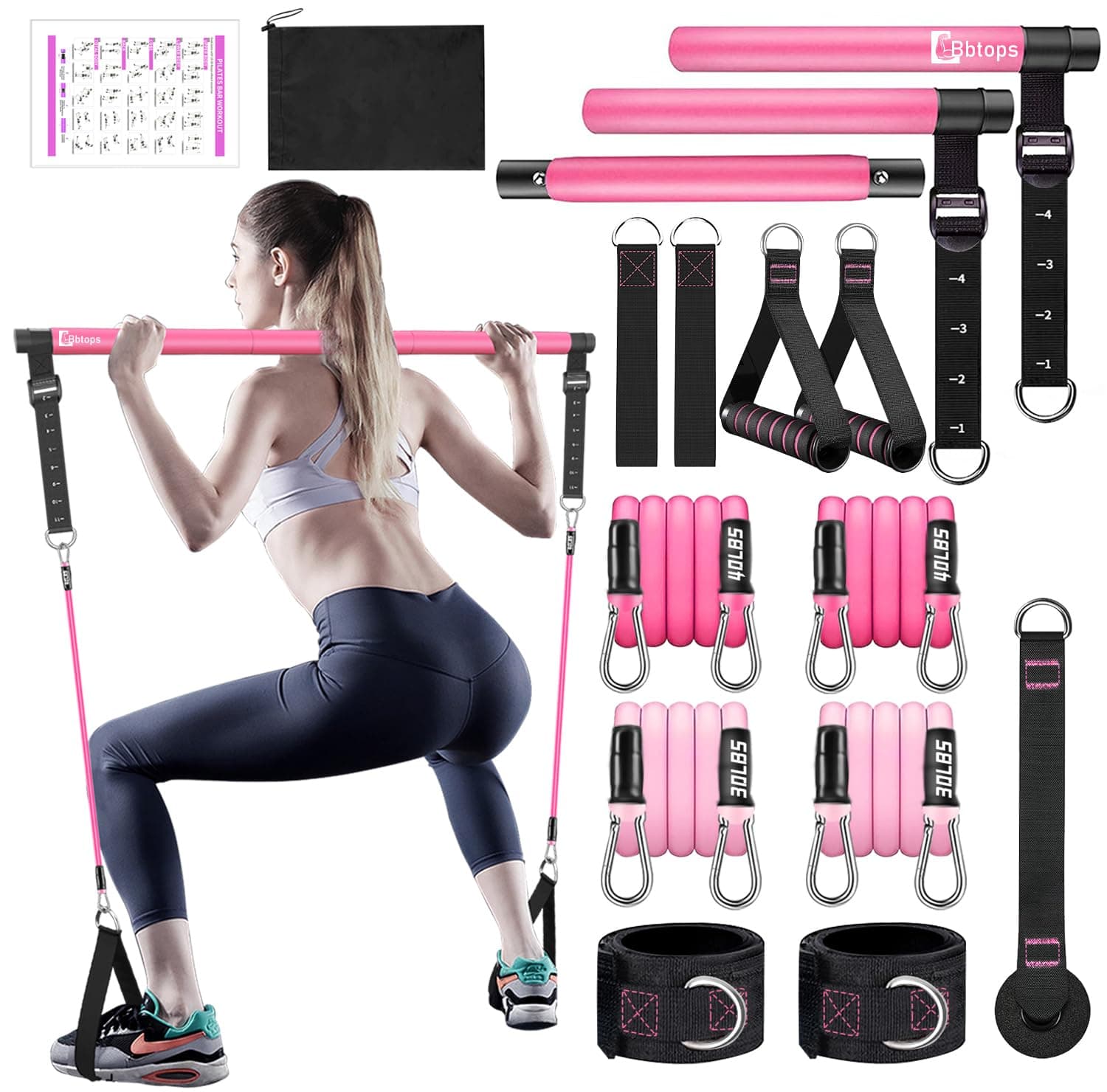 Bbtops Pilates Bar Kit with Resistance Bands,Pilates Bar with Stackable Bands Workout Equipment for Legs,Hip,Waist and Arm,Exercise Fitness Equipment for Women & Men Home Gym Yoga Pilates