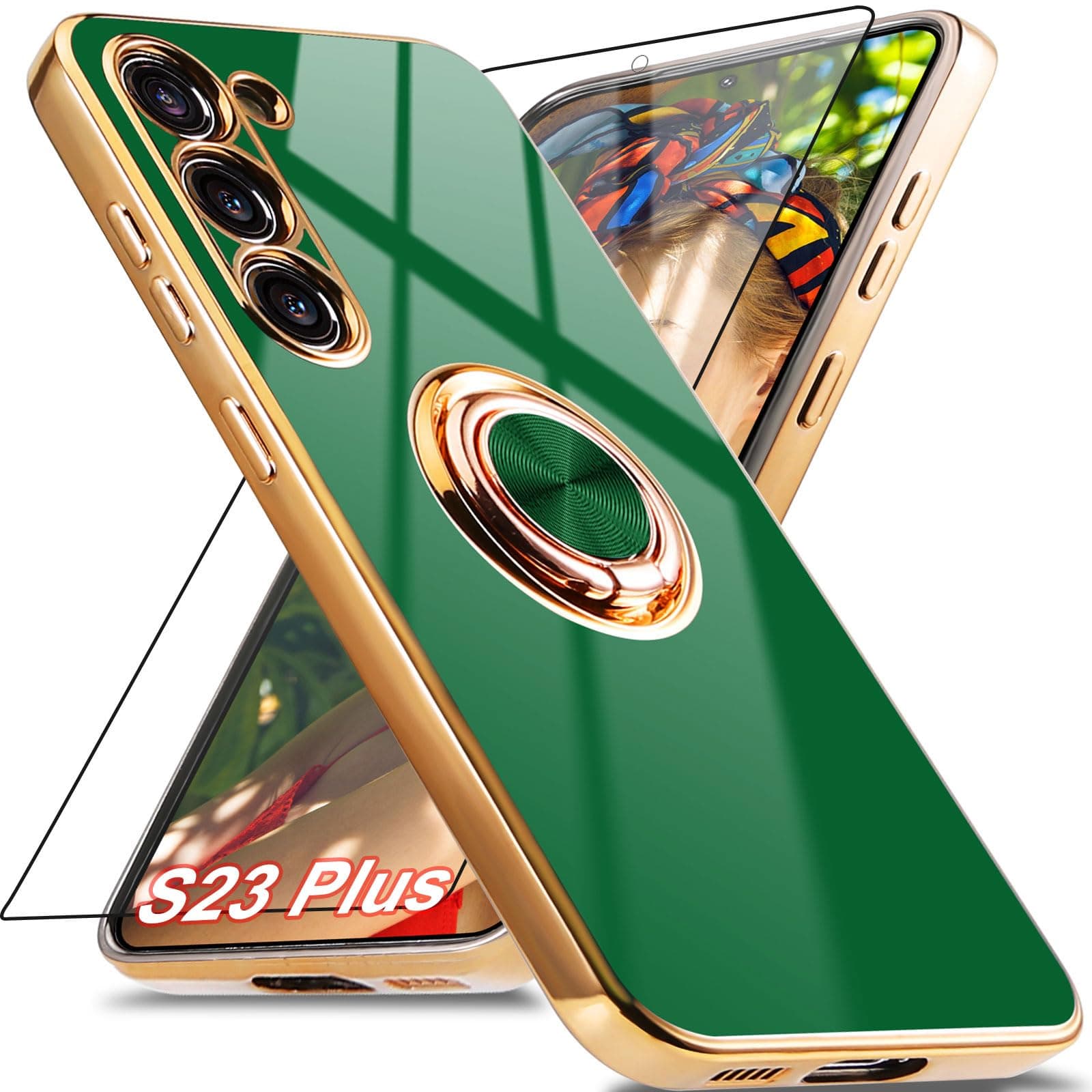 for Samsung Galaxy S23 Plus Case with 1 Screen Protector, Built-in 360° Rotation Ring Holder Magnetic Stand, Luxury Shiny Plating Edge Shockproof Electroplated Protective Cover (Green/Golden)