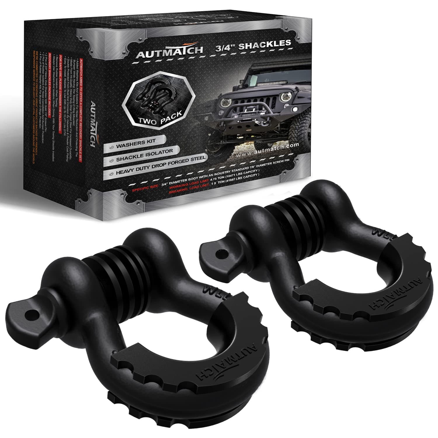 AUTMATCH D Ring Shackle 3/4" Shackles (2 Pack) 41,887Ibs Break Strength - Clevis Shackle with 7/8" Screw Pin and Shackle Isolator Washers Kit for Tow Strap Winch Off Road Vehicle Recovery, Matte Black