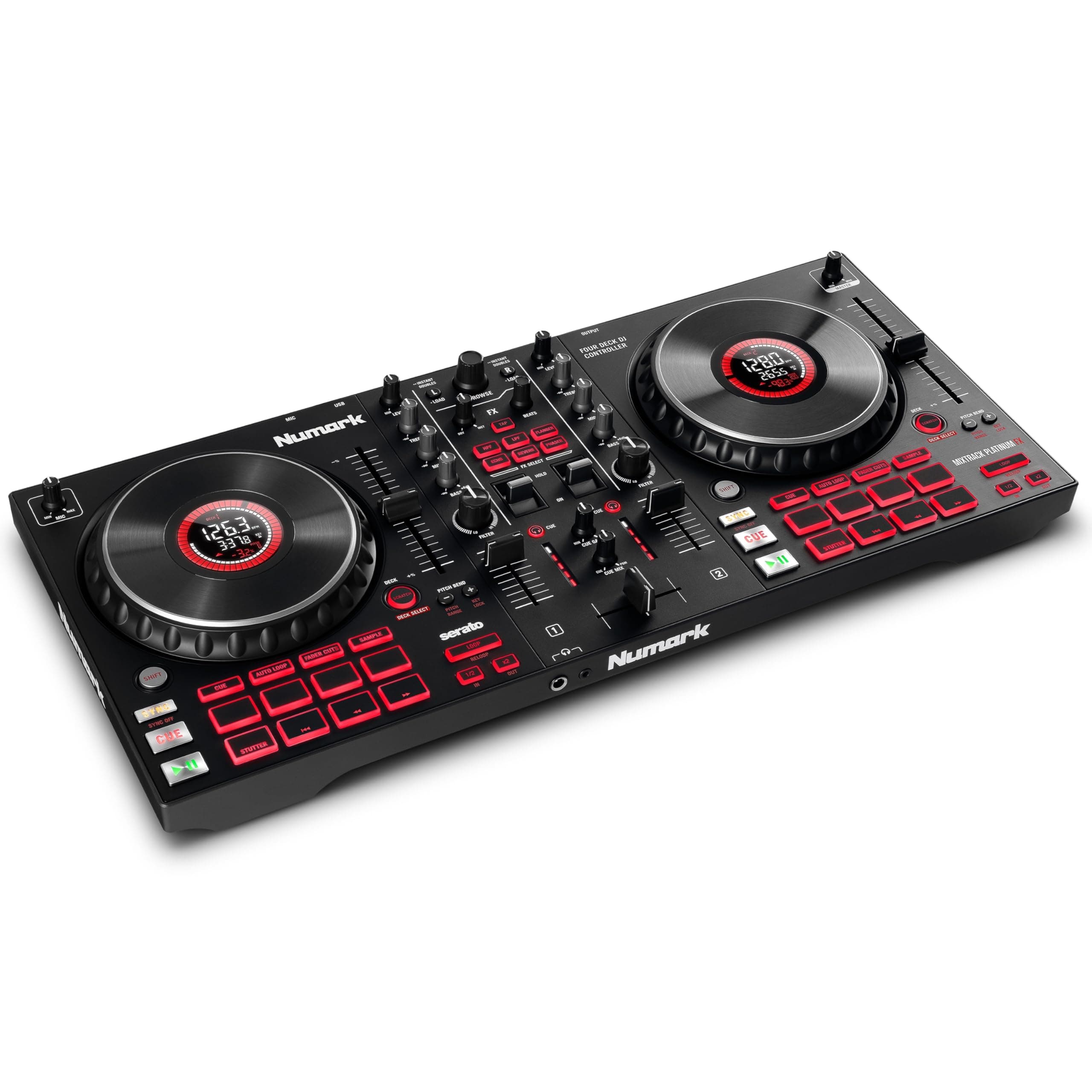 Numark DJ Controller, 4 Decks, Jog Wheel with Touch Sensor, Serato DJ Lite DJ Mixer, Streaming DJ Equipment, FX Paddle, Built-in Audio Interface Newmark Mixtrack Platinum FX