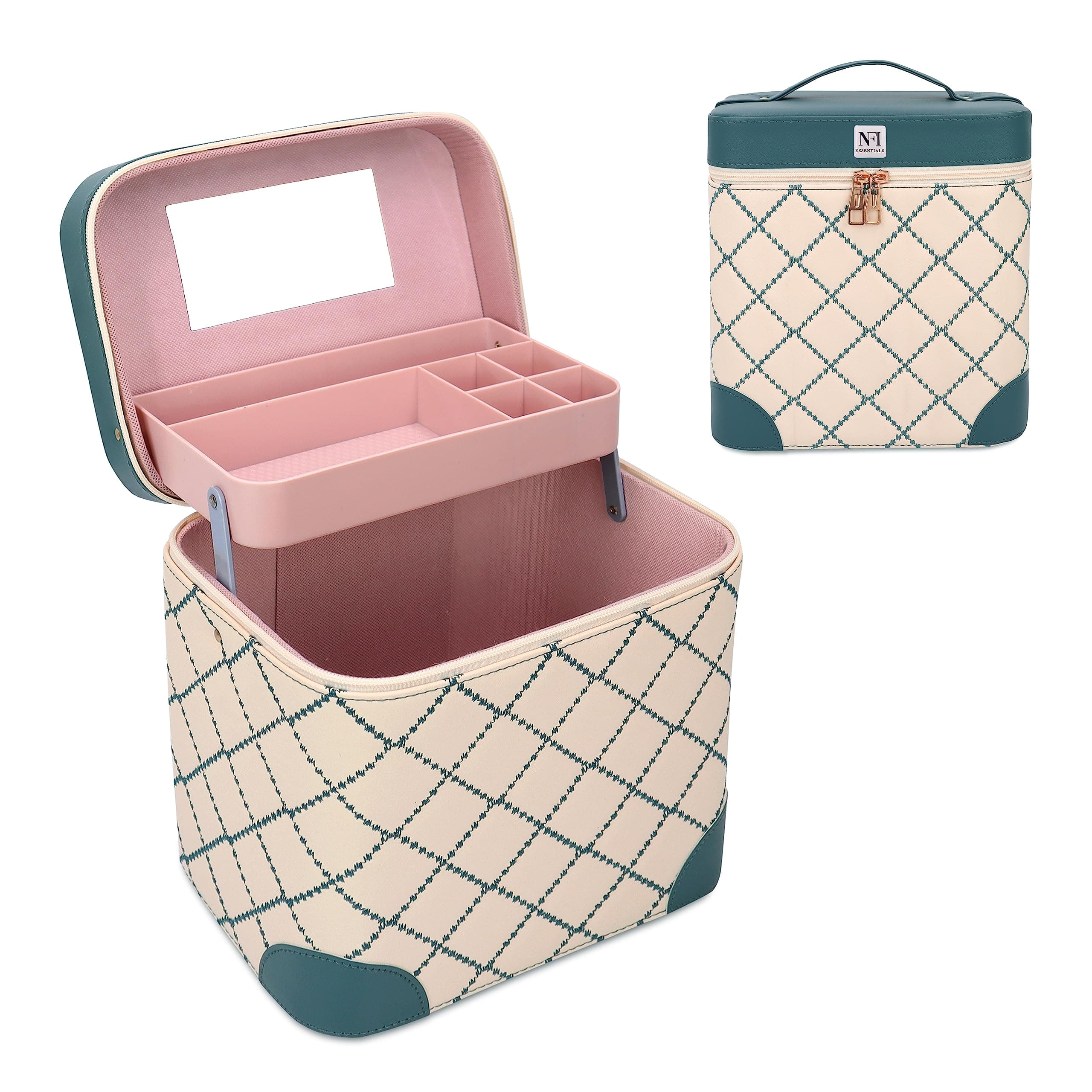 NFI essentials PU Leather Makeup Storage Box with Mirror 1 Layer Drawers Foldable Tray Cosmetic Bag Vanity Box for Women's Beauty Organizer Portable Make up Train Case Trousseau Box