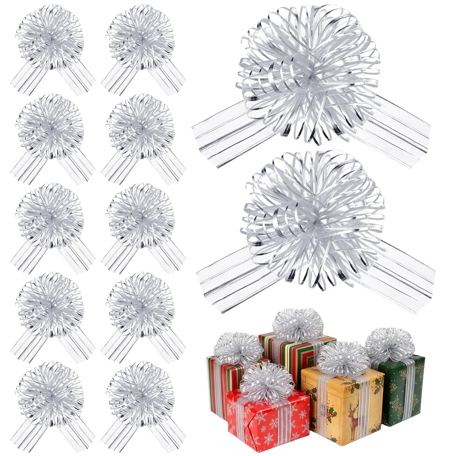 Poen 12 Pcs Large Pull Bows for Gift Wrapping 8" Silver Ribbon Pull Bows Gift Bow for Presents Wedding Baskets Wrapping Boxes Wine Bottles Flower Holiday Decorations