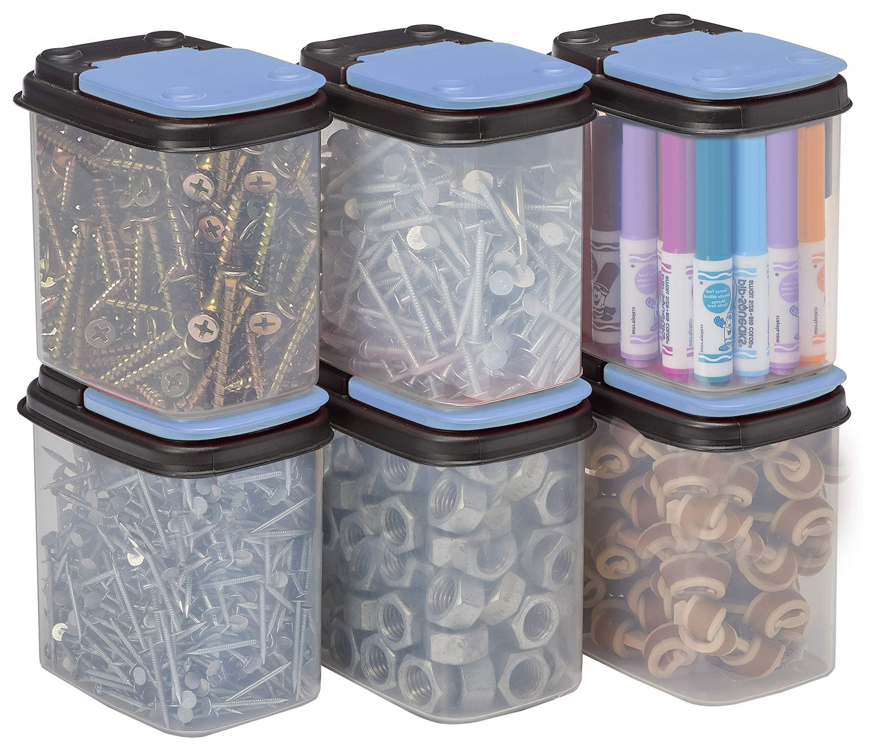 Multi-Purpose Hardware Storage Bins Bits and Bolts Small Storage Containers, Hardware Organizers, Clear Containers With Blue Stackable Lids, Bolt and Screw Organizer (1 Quart - 8 Pack)