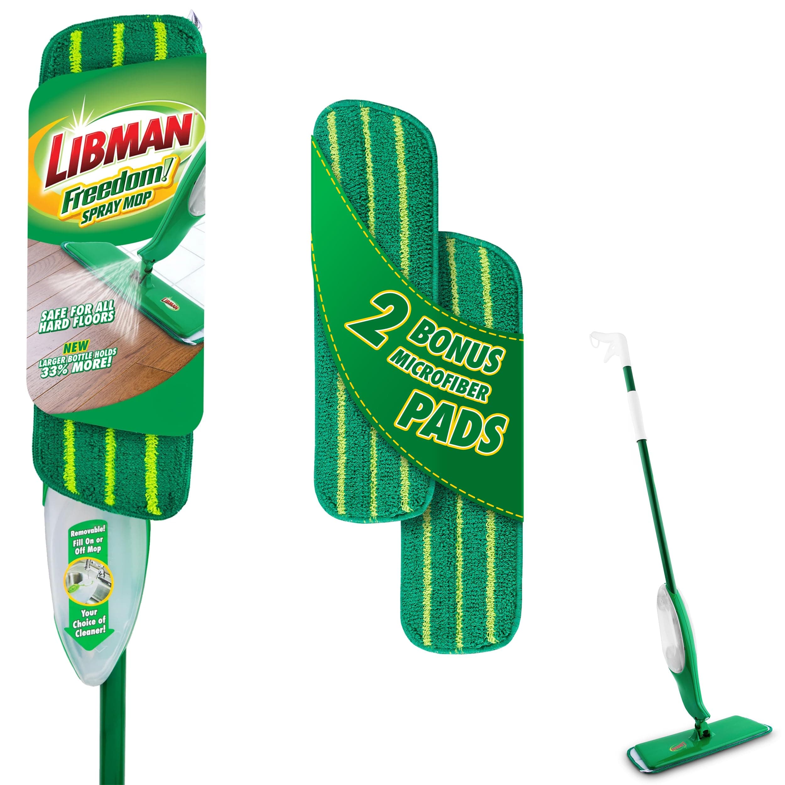 Libman Freedom Spray Mop Kit, Microfiber Wet Mops for Floor Cleaning, Hardwood, Laminate, Tile Cleaner, Household Tool, 24 Oz Solution Tank, Two Extra Replacement Refill Heads Included