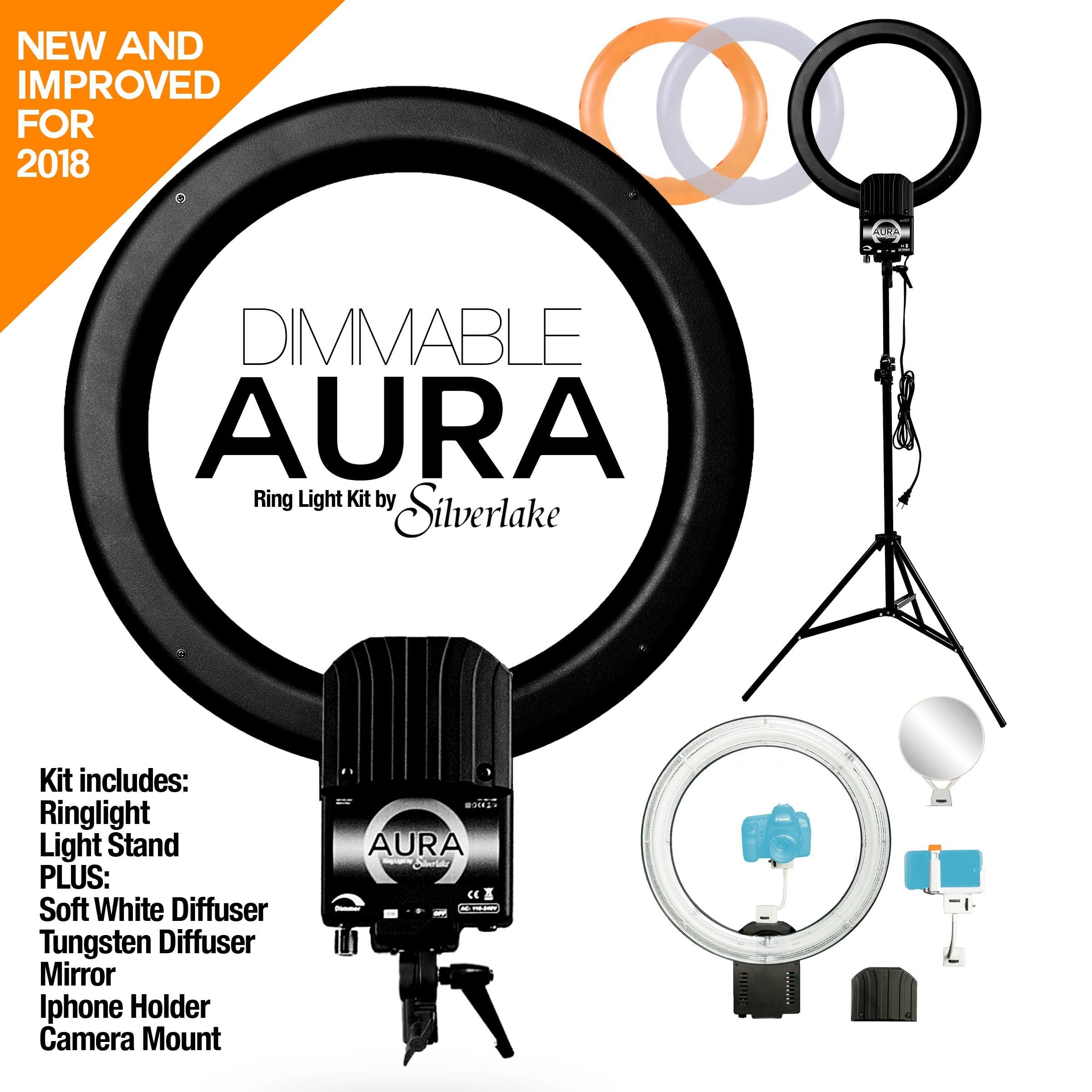AURA DIMMABLE Ring Light Kit by Silverlake - Large 19 inch Professional Quality - 5400K - 500W Continuous Fluorescent RingLight That produces shadowless lighting for people Vlogging or products