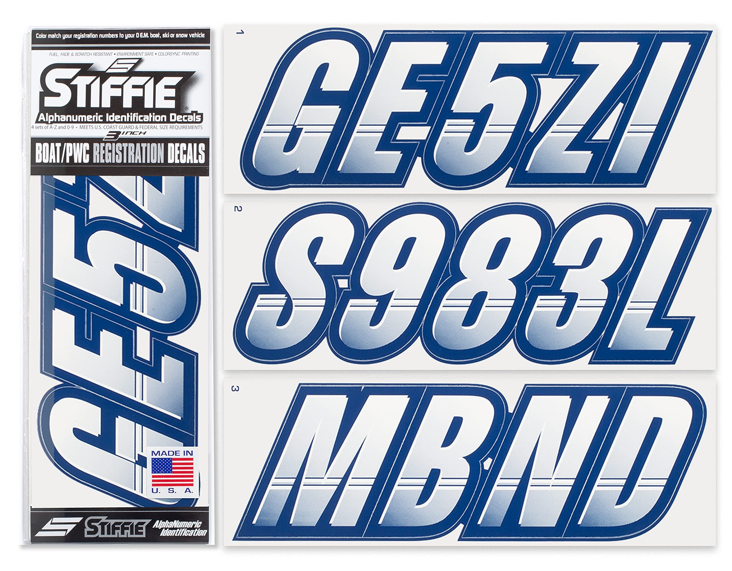 Stiffie TT46 Techtron White/Navy 3" Alpha-Numeric Registration Identification Numbers Stickers Decals For Boats & Personal Watercraft