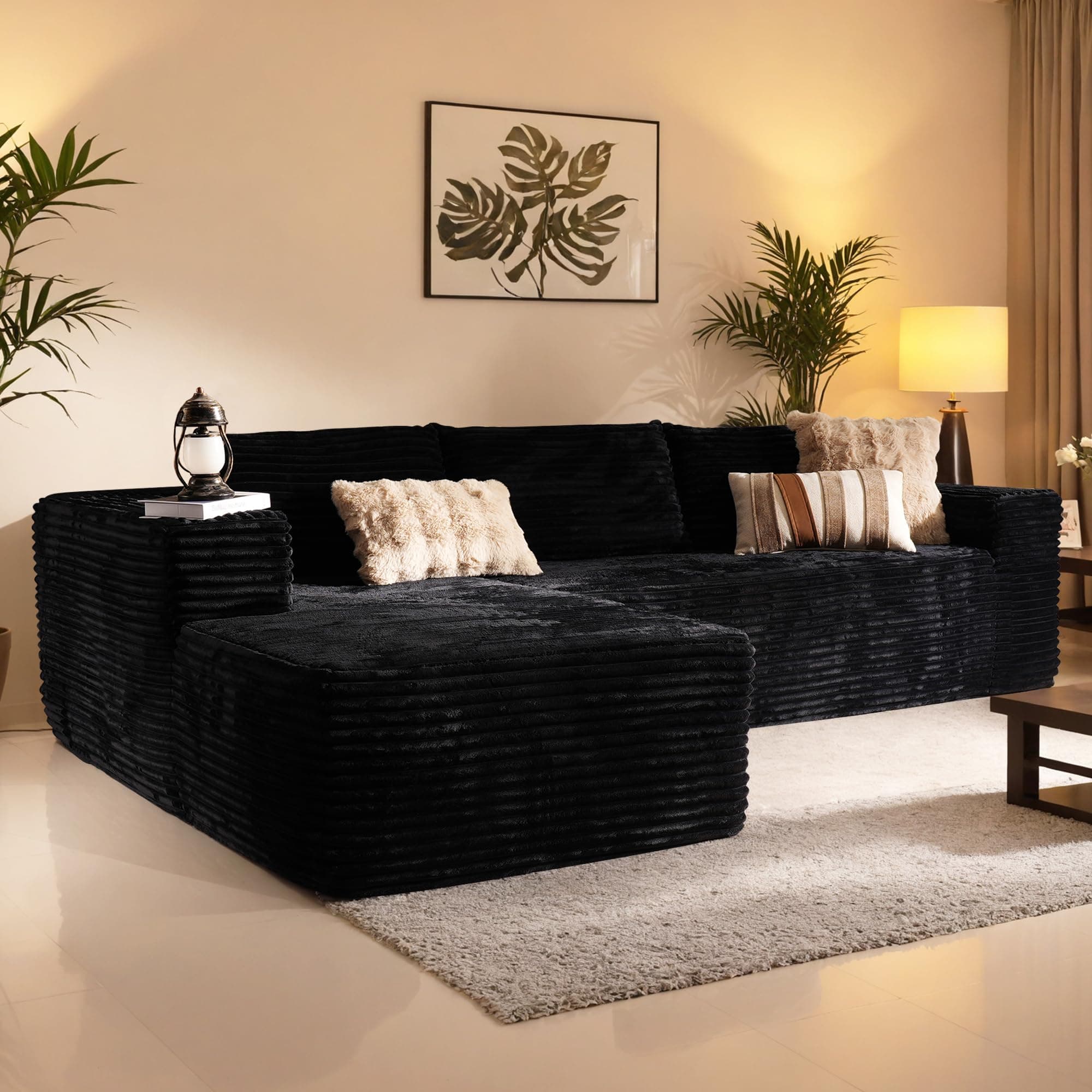 106" Cloud Sectional Couch with Chaise Lounge,L Shaped Modular Modern Sofa,Comfy Corduroy Fluffy Sofa with Deep Seat,No Assembly Required Couch for Living Room(Left,Plush Corduroy,Black)