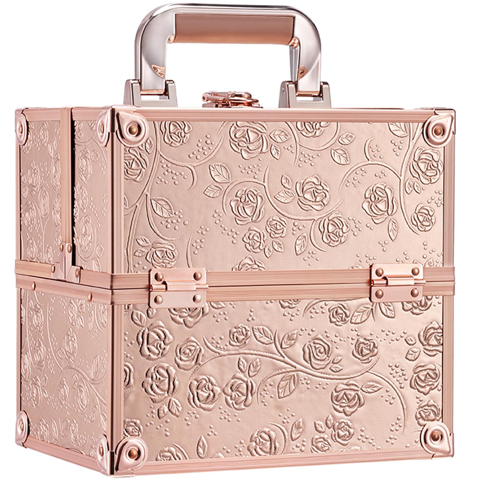 FRENESSA Makeup Train Case Cosmetic Box Portable Makeup Case Organizer 4 Trays Lock Travel Storage Organizer with Dividers Make Up Artist Vanity Hard Nail Spa Beauty Box Rose Gold Floral