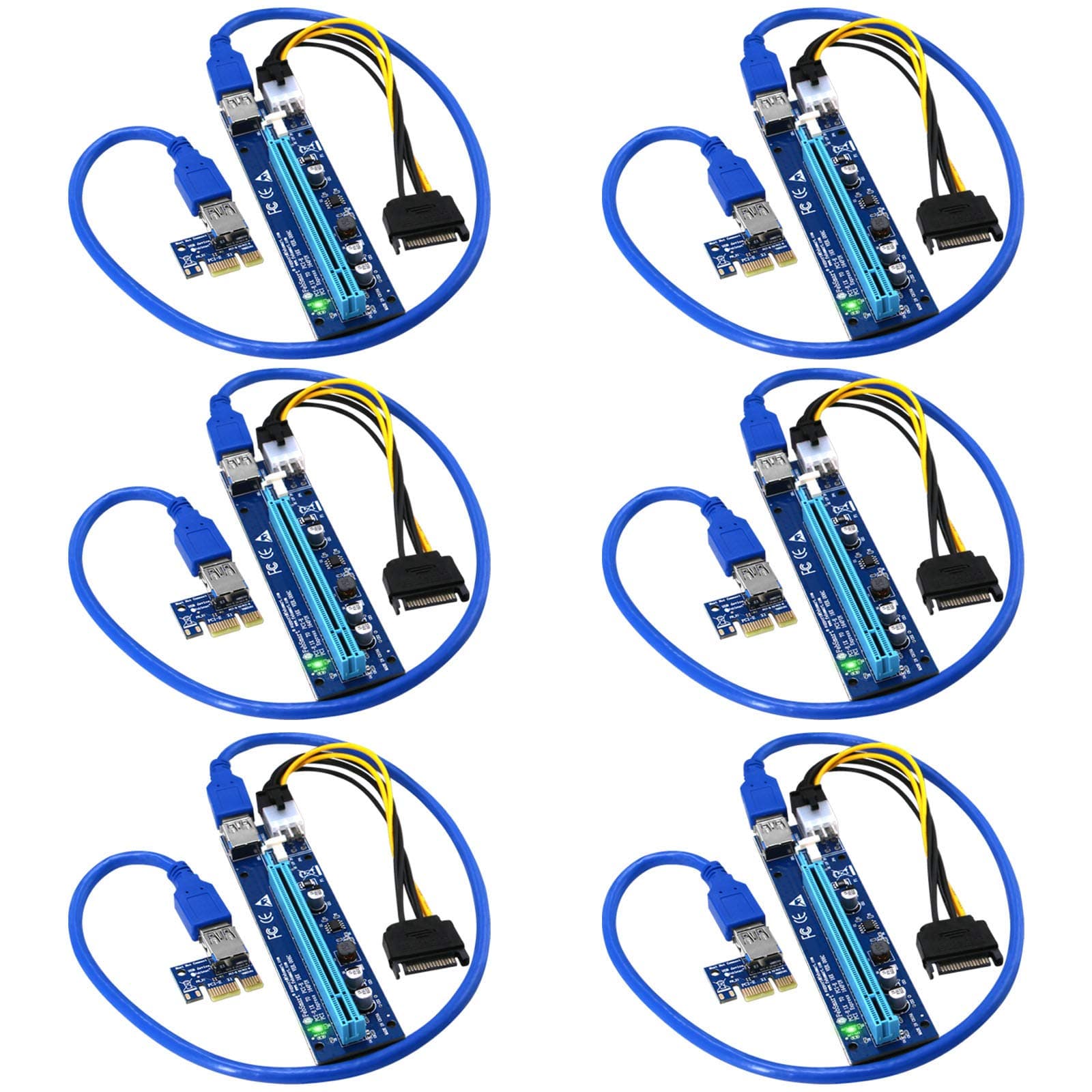 PCIE Riser for Ethereum Mining Rigs, GPU Risers for ETH Mining Rigs, PCIE Extension Cable, GPU Extension Cable, PCIE X1 to PCIE X16 Riser, VER006C GPU Riser, VER006C PCIE Riser (Blue-6PCS)