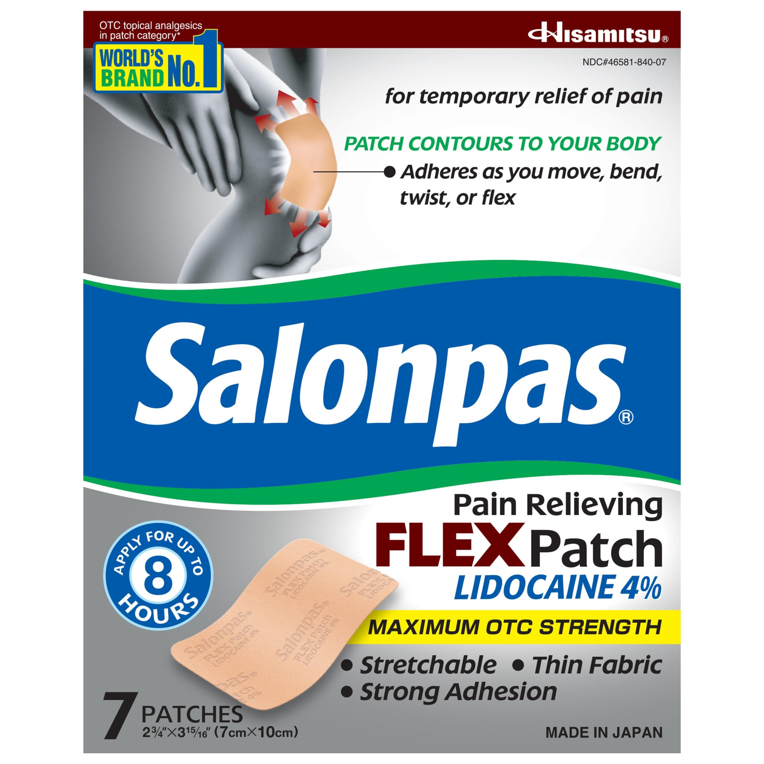 Salonpas Maximum OTC Strength Lidocaine 4% Pain Relieving FLEX Patch, Apply for Up To 8 Hours, Unscented, Thin, Flexible, Lightweight, Patch Stays in Place, 7 Patches