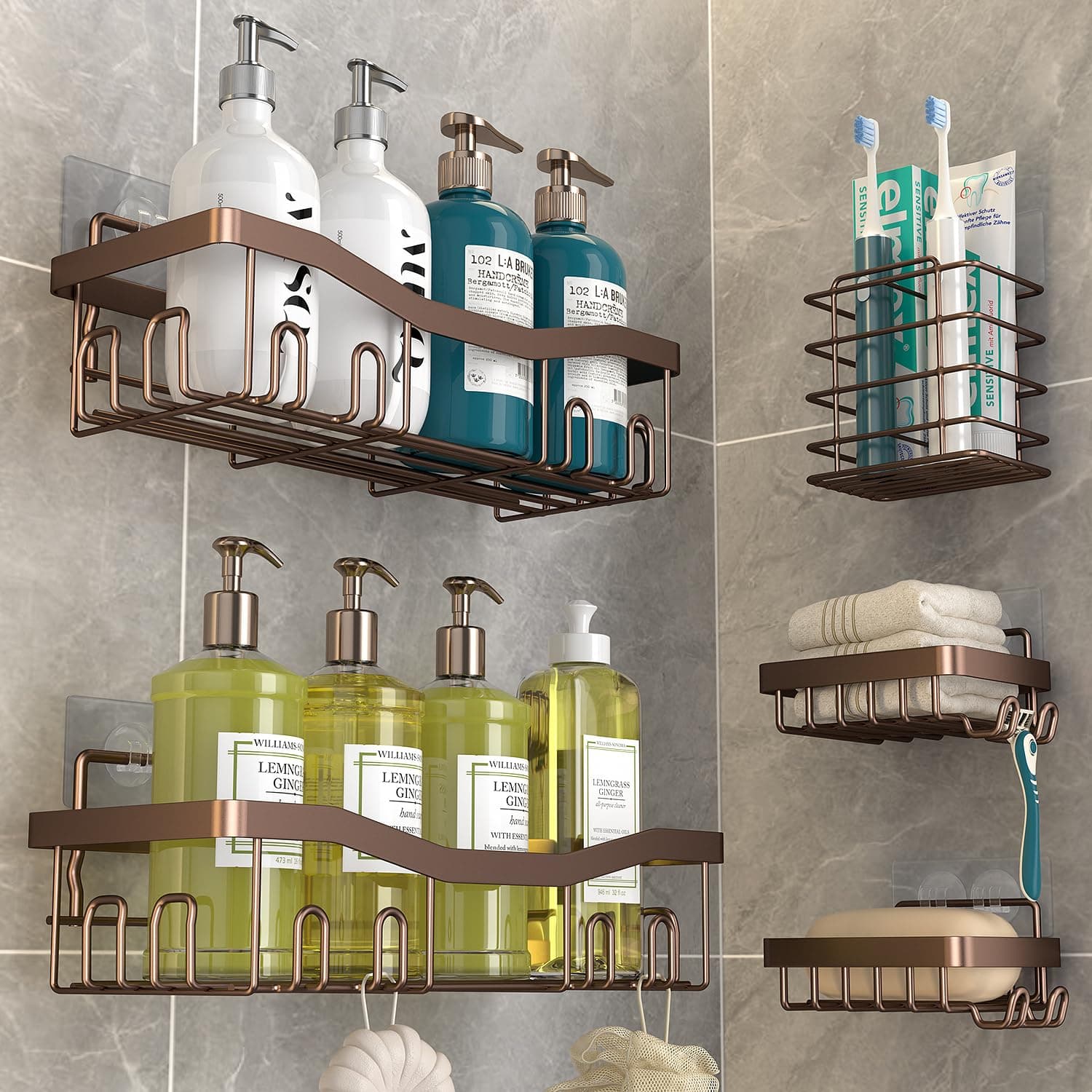 Adhesive Shower Caddy, No Drilling Bath Organizers 5 Pack, Rustproof Shelves with Soap Holder & Toothbrush Holder, Bathroom Organizers and Storage, Bronze