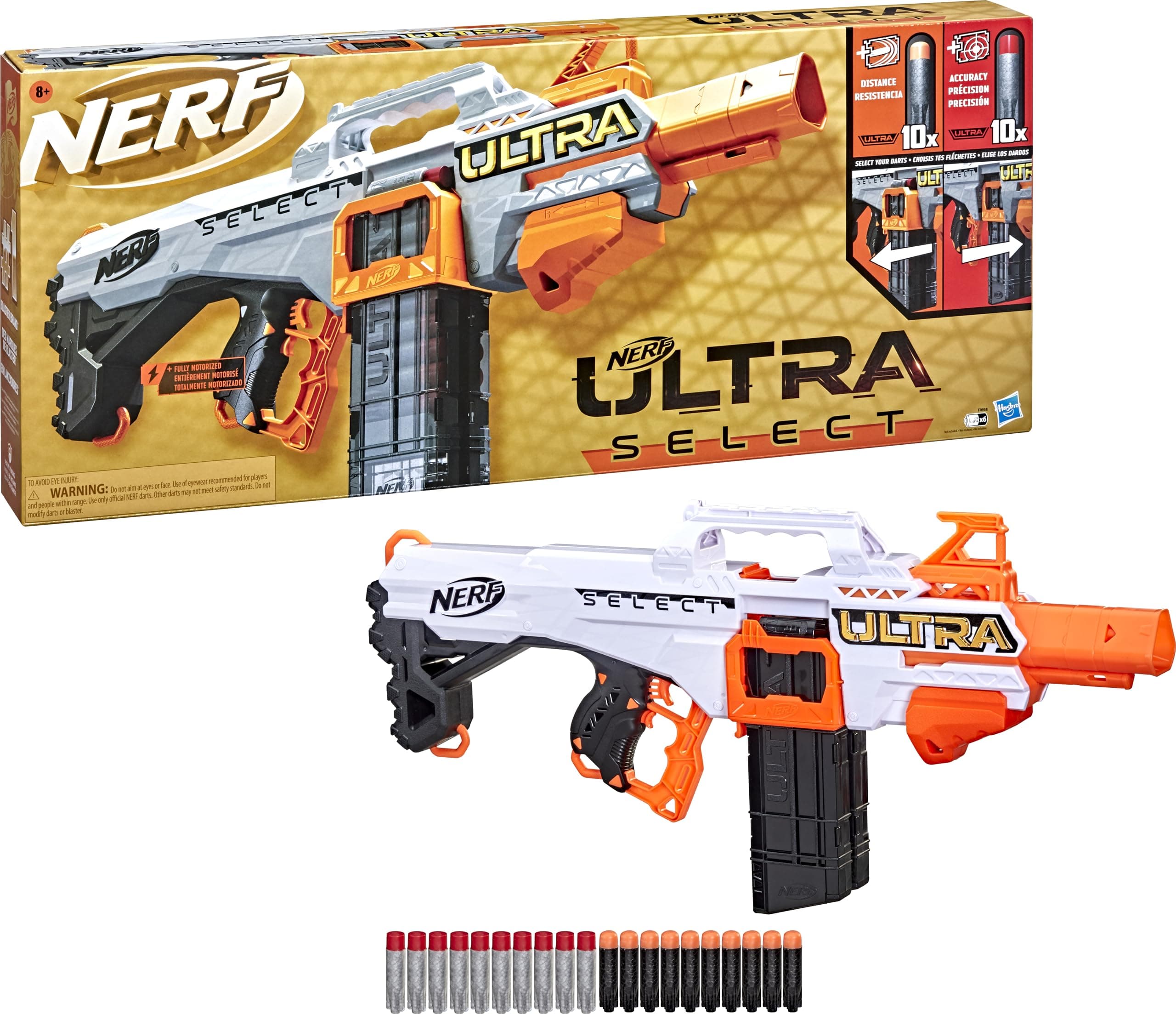 Ultra Select Fully Motorized Blaster, Fire for Distance or Accuracy, Includes Clips and Darts, Compatible Only Ultra Darts