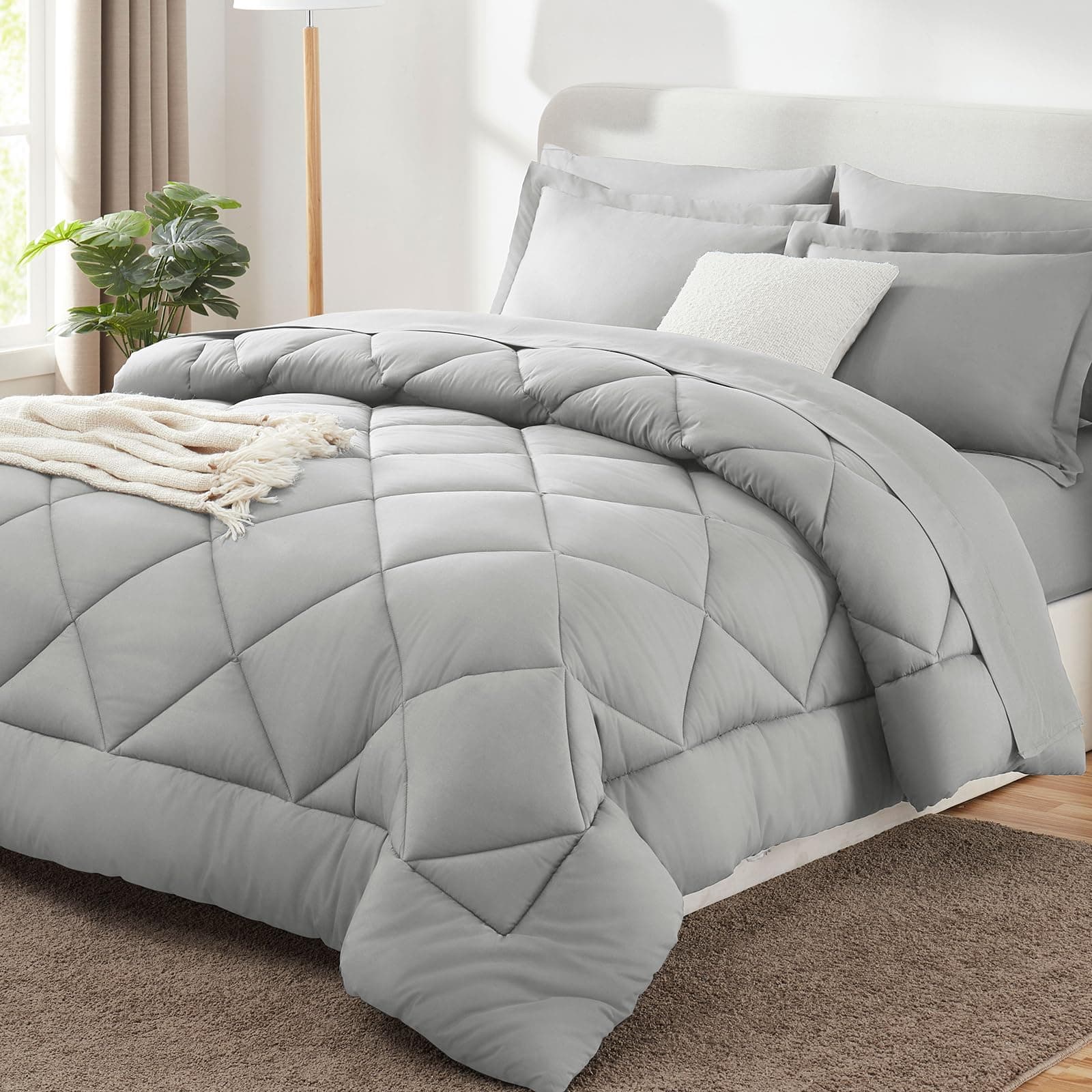CozyLux Queen Comforter Set Light Grey - Bed in a Bag Queen Size 7 Pieces, Luxury Soft Bed Set for All Seasons, Bedding Set with Down Alternative Comforter, Sheets, Pillowcases & Shams