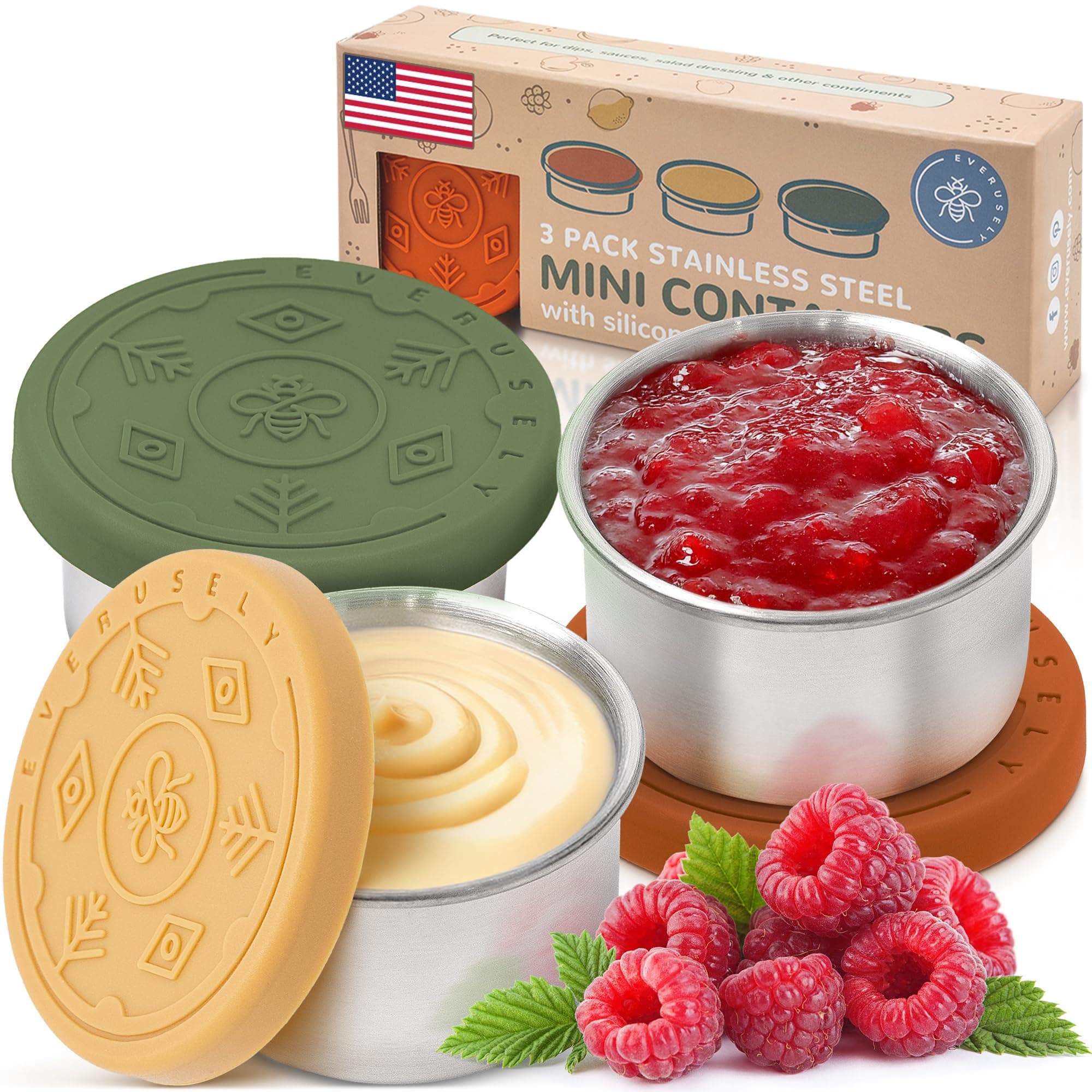 Everusely Condiment Cups - 3 Pack, 1.7 oz / 50 ml, Muted, Stainless Steel - Condiment Containers with Lids - Reusable Salad Dressing Container To Go - Sauce & Dip Cup for Lunchbox, Meal Prep