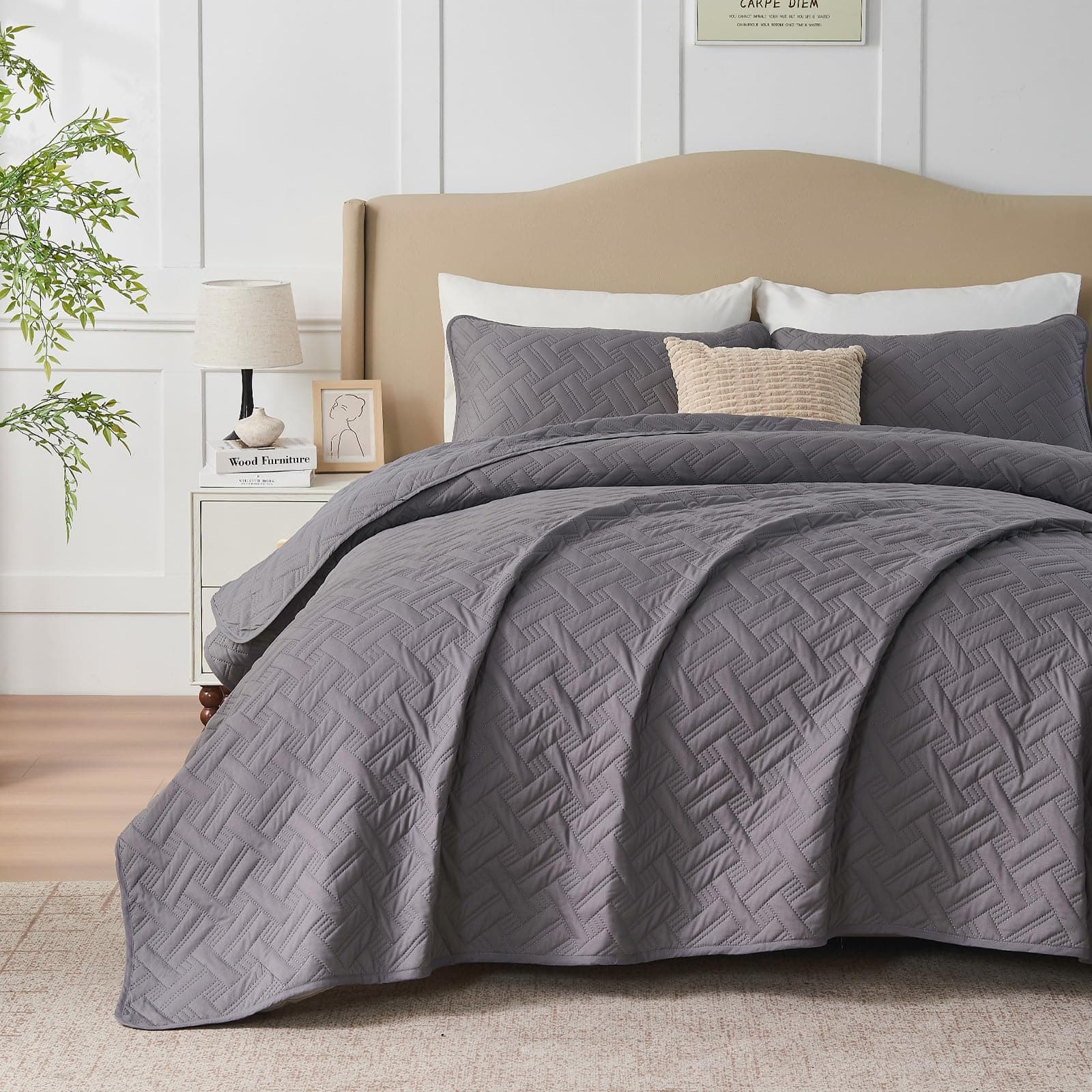 beeweed Quilt Set Double Size 3 Pieces, Lightweight Microfiber Basket Pattern Bedspreads for All Season, Grey Soft Summer Coverlet Set with Ultrasonic Quilting Technology