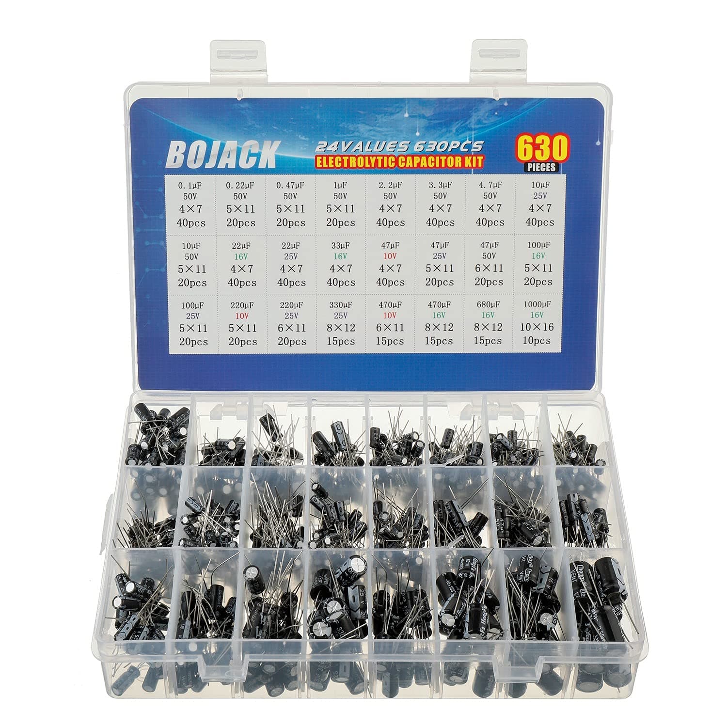 BOJACK 24Value 630pcs Aluminum Electrolytic Capacitor Assortment Box Kit Range 0.1uF-1000uF