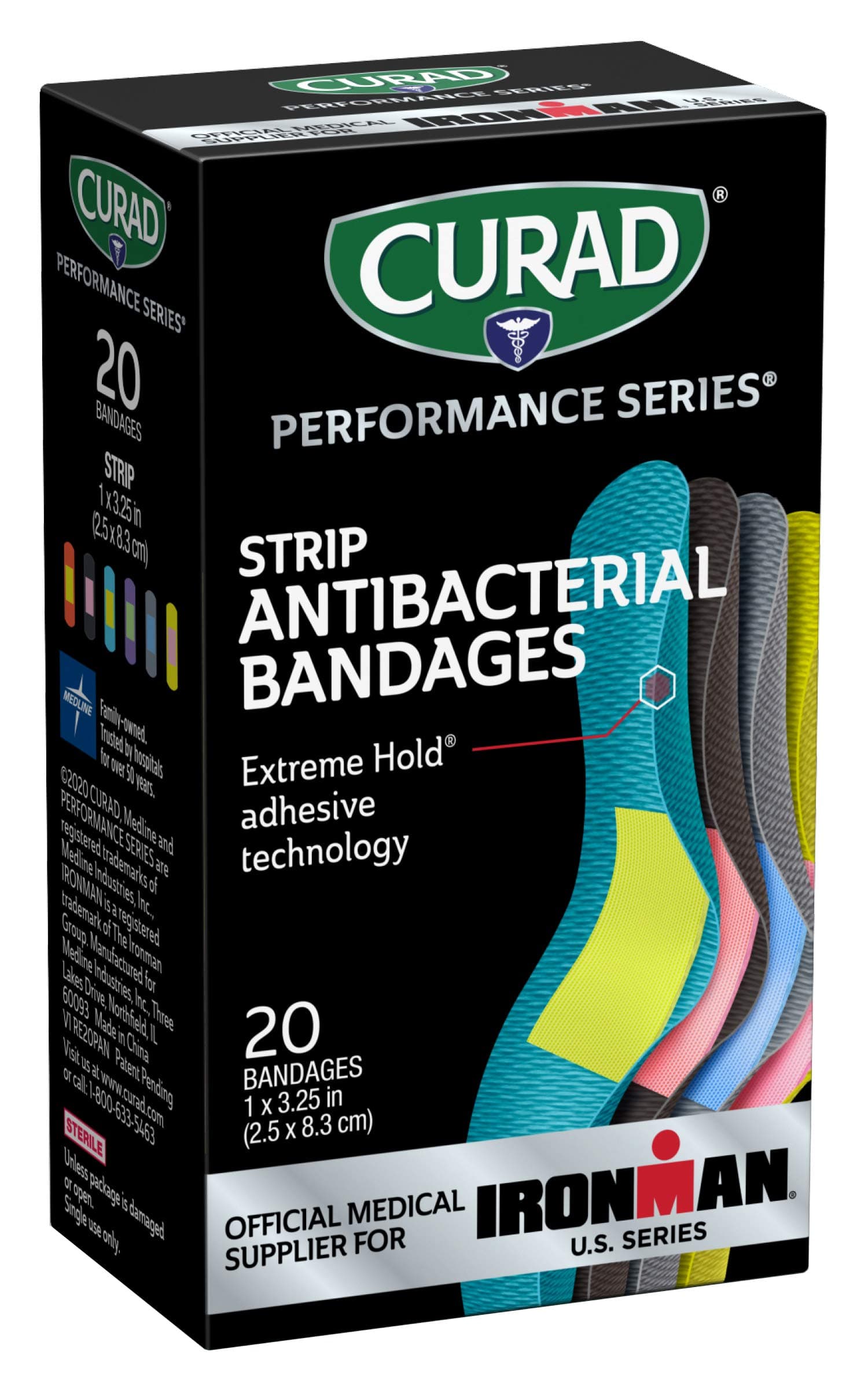 CURAD Performance Series Antibacterial Bandages, Extreme Hold Adhesive Technology, Standard Size Flexible Fabric Bandages for Cuts, Scrapes, & Burns, Assorted Colors, 1 x 3.25 inches, 20 Count