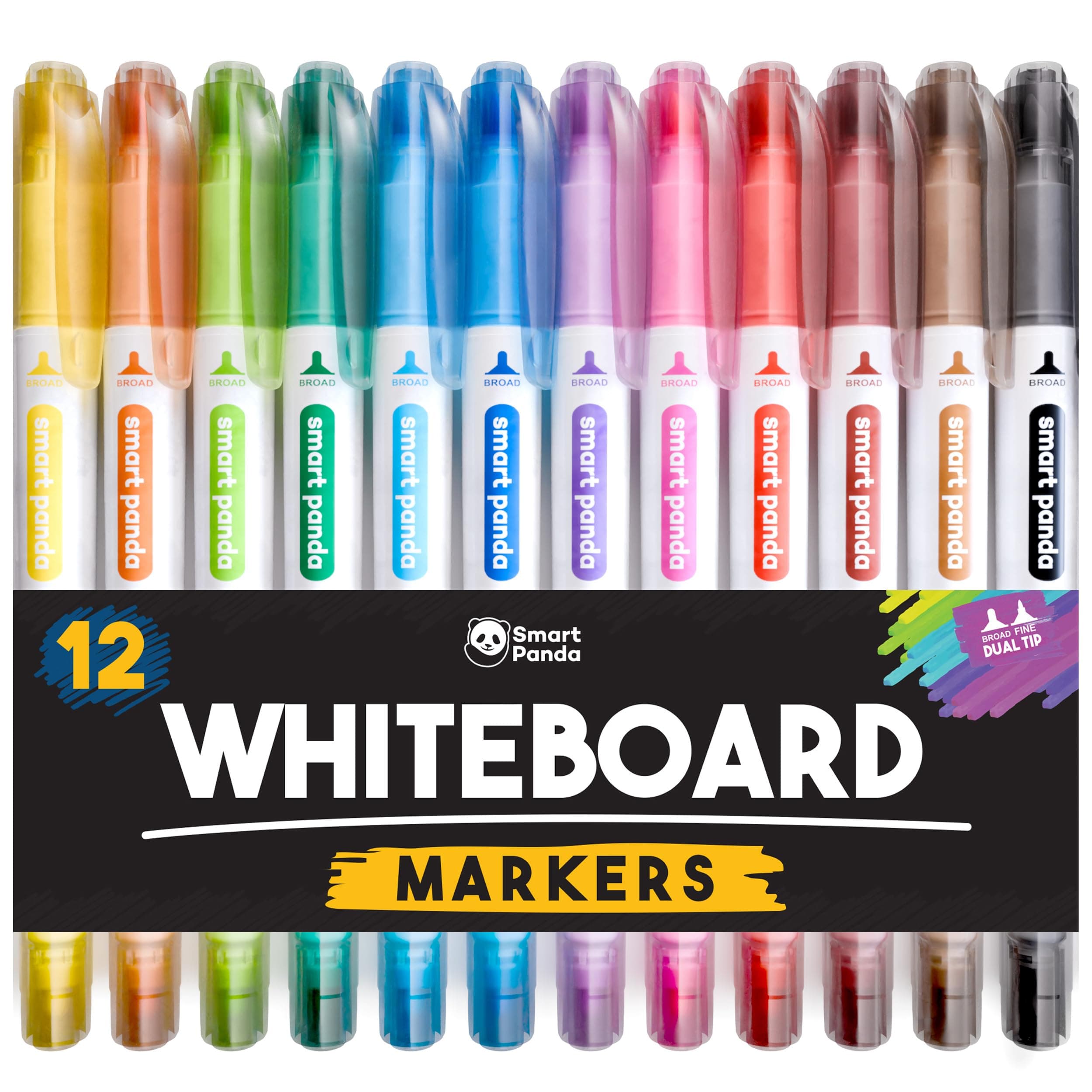 Smart Panda 12 Whiteboard Pens Dual Tip, Thin White Board Markers Erasable, Broad and Fine – Dry Erase Marker Pens, Colour Dry Wipe Markers