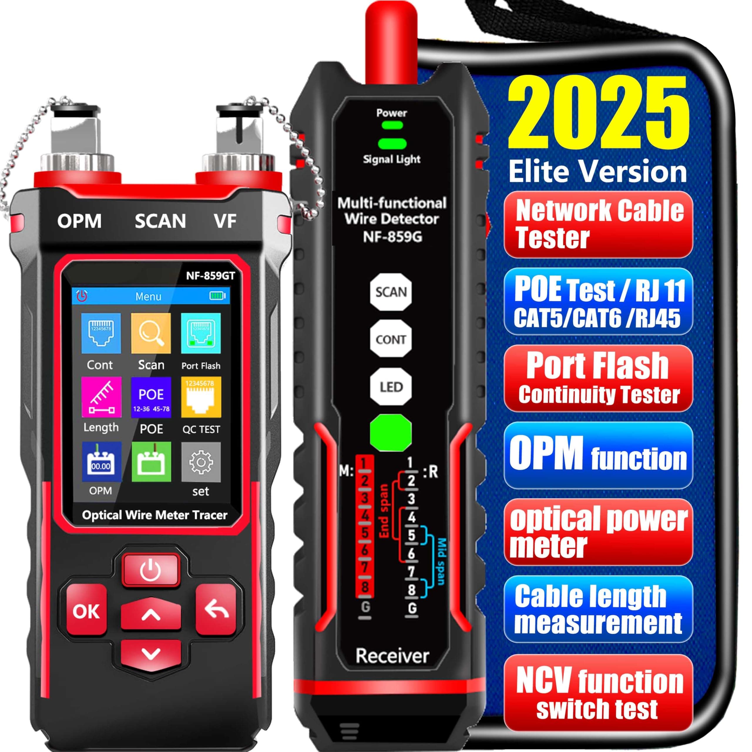 NOYAFA Network Cable Tester with Optical Power Meter, POE Test, RJ45/RJ11, CAT5/6/7, VFL, LAN Tone Probe Kit (NF-859GT)