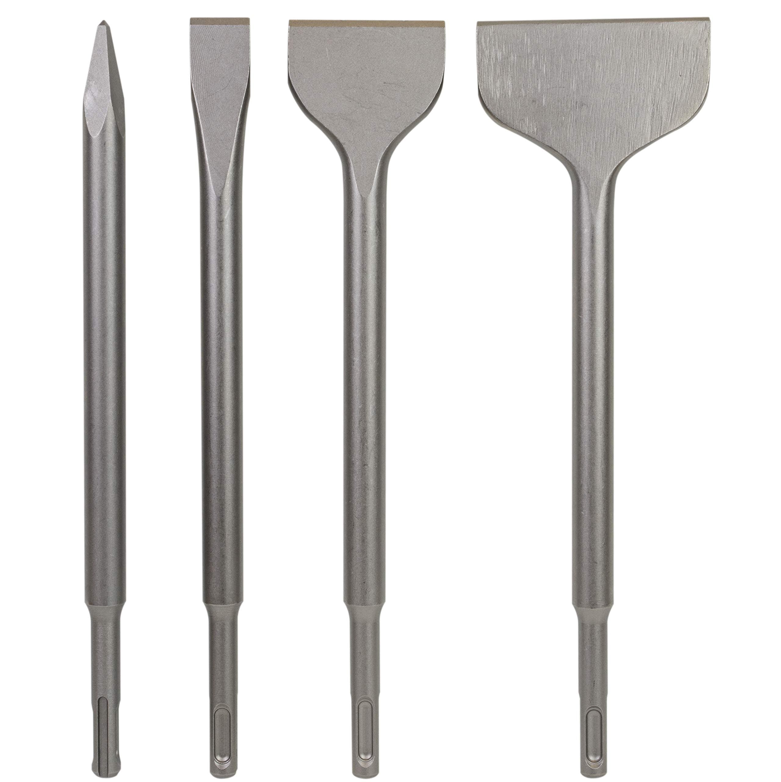 SDS Plus 4-Piece Chisel Set, Thinset Scraping Bit 3” x 10” Thinset Scaling Chisel, Point Chisel, Flat Chisel, Wide Chisel - SDS Chisel Bits for Hammer Drills – Tile Removal