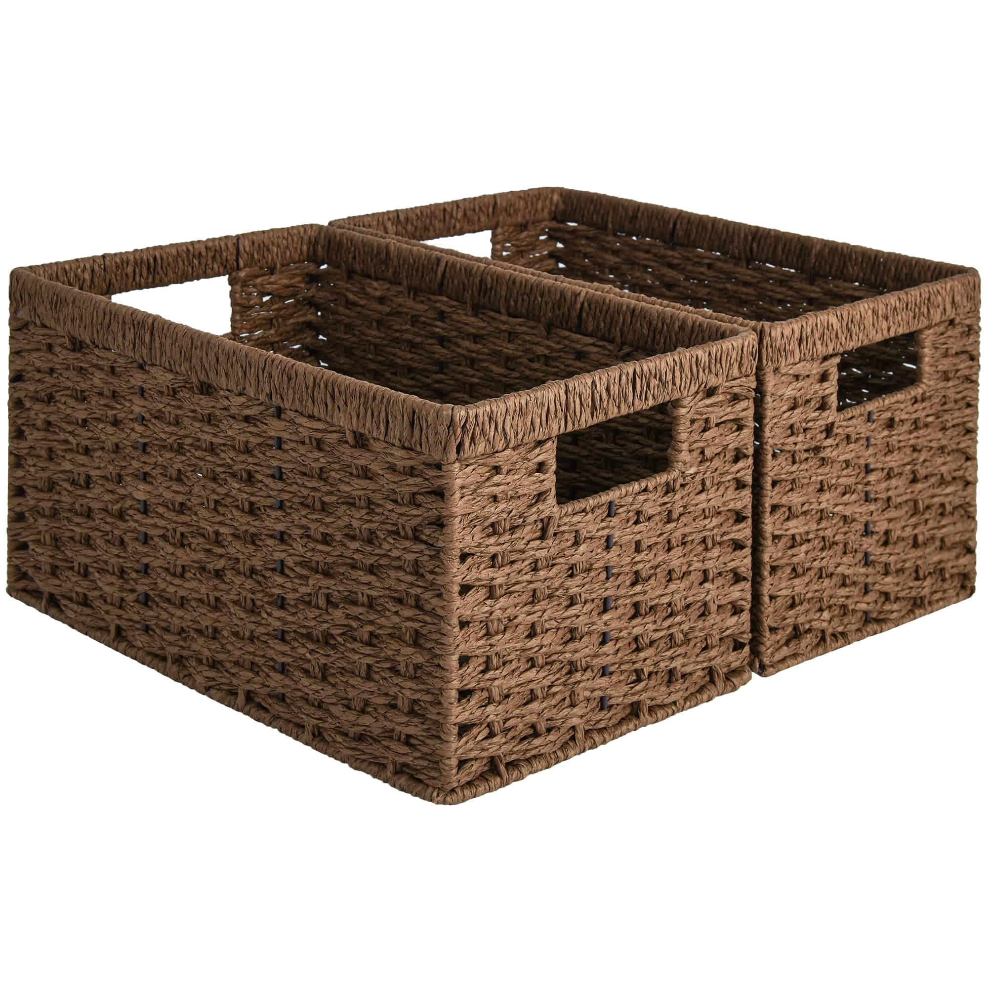 StorageWorks Round Paper Rope Storage Baskets, Rectangular Wicker Baskets with Built-in Handles, Medium, 2-Pack