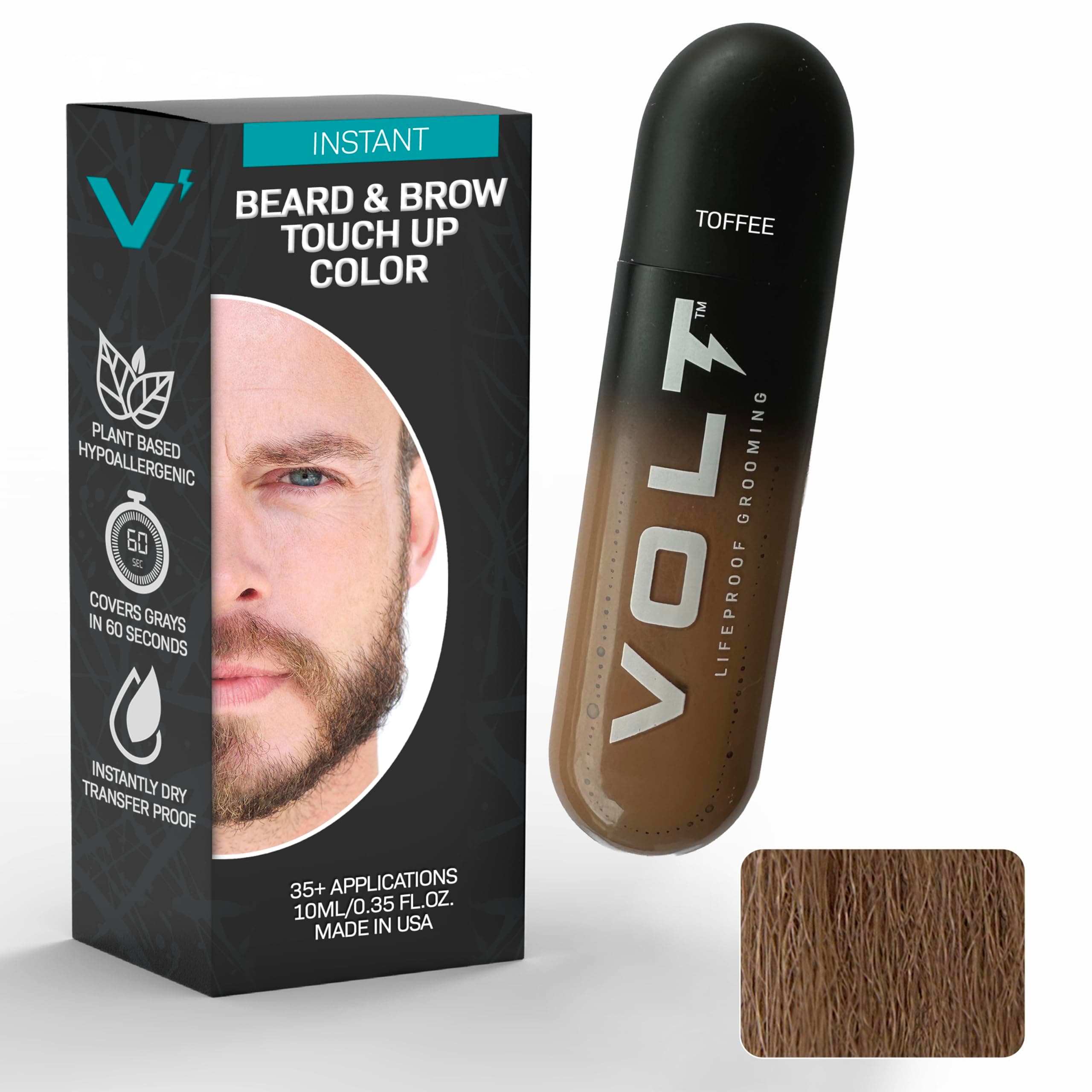 VOLT Grooming Temporary Instant Beard Color for Men, Quick Drying Plant-Based Brush On Beard, Hair, Mustache & Eyebrow Color, Safe for Sensitive Skin, Light Brown, 1 Pack, Up to 35 Applications