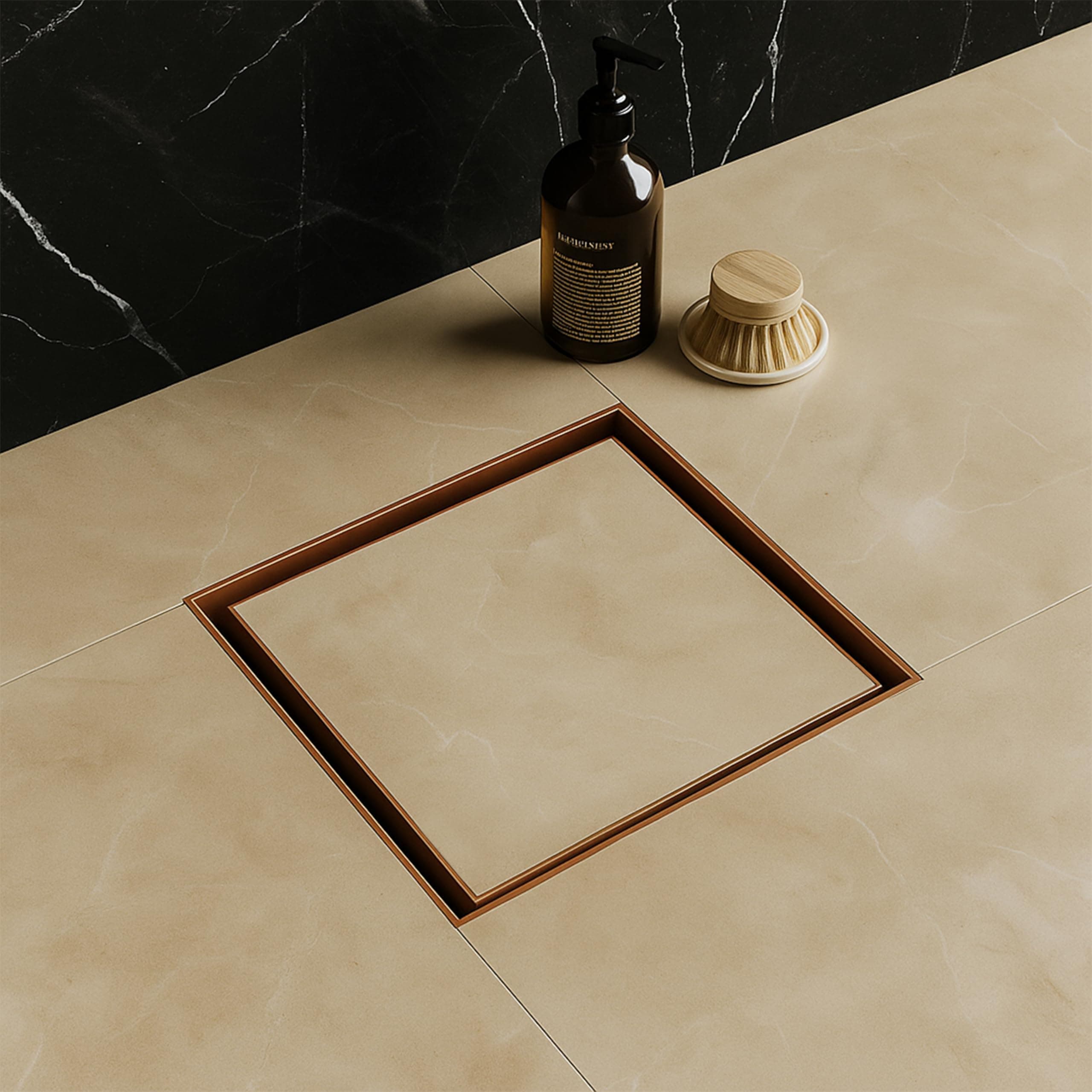 Ruheยฎ Tile Insert Floor Drain | 6 x 6 Inches | Rose Gold/Antique Copper PVD Finish | 304 Stainless Steel with PVD Coating | Drain Channel with Cockroach Trap