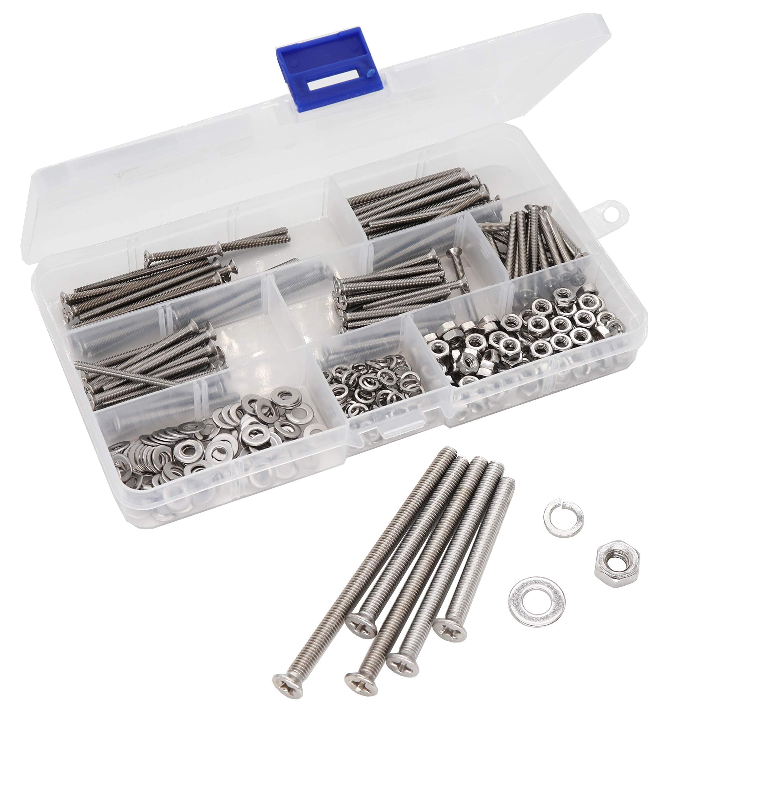 cSeao 340pcs Flat Phillips Head M3 Screws Nuts Washers Assortment Kit, M3x30mm/ 35mm/ 40mm/ 45mm/ 50mm,304 Stainless Steel