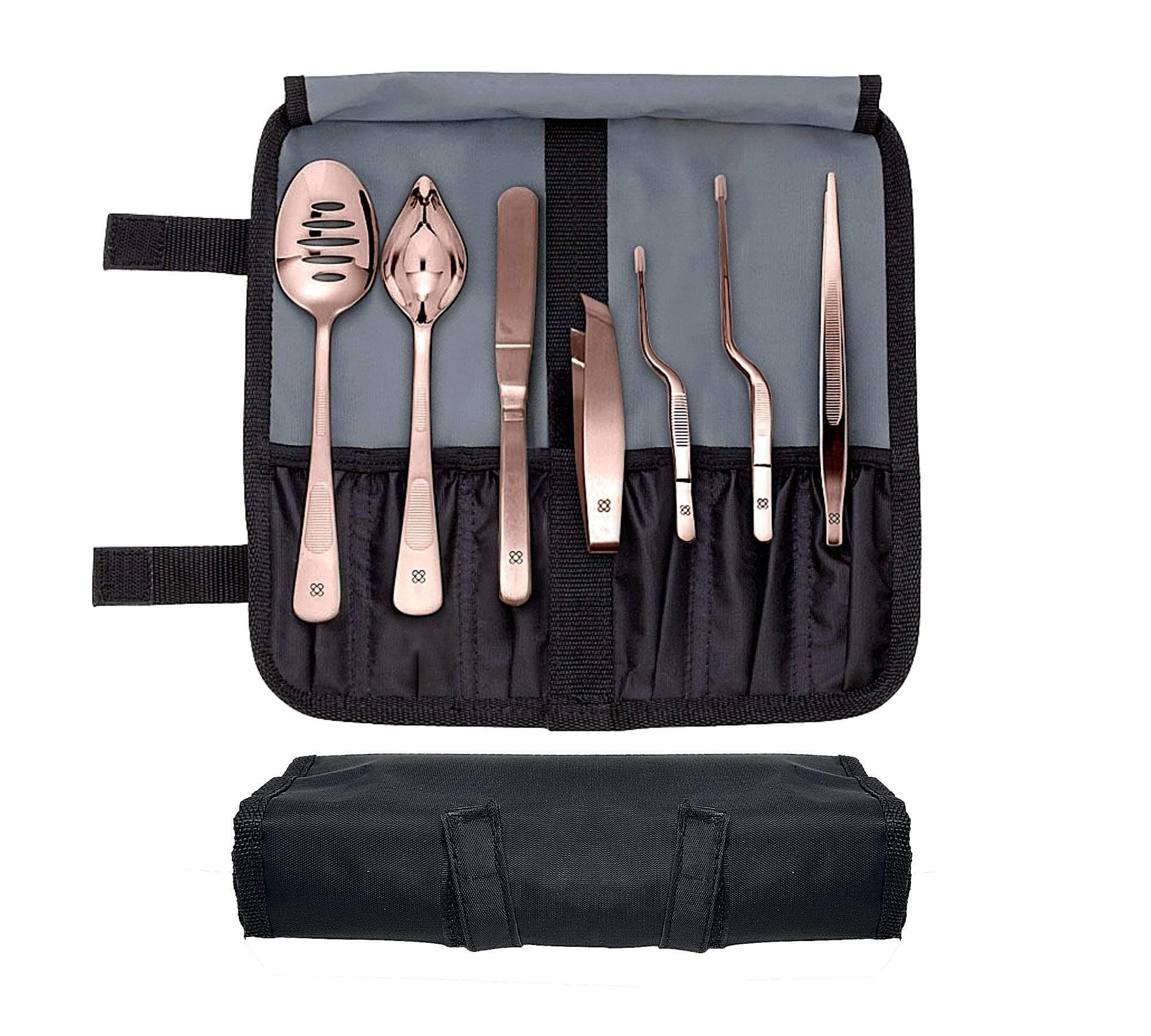 DOJA Barcelona | Chef Plating tools culinary set | COPPER | 7 Professional cooking Utensils | 3 kitchen tweezers Drawing Pencil Spoon Fish tongs Spatula Slotted spoon | Modernist cuisine food art