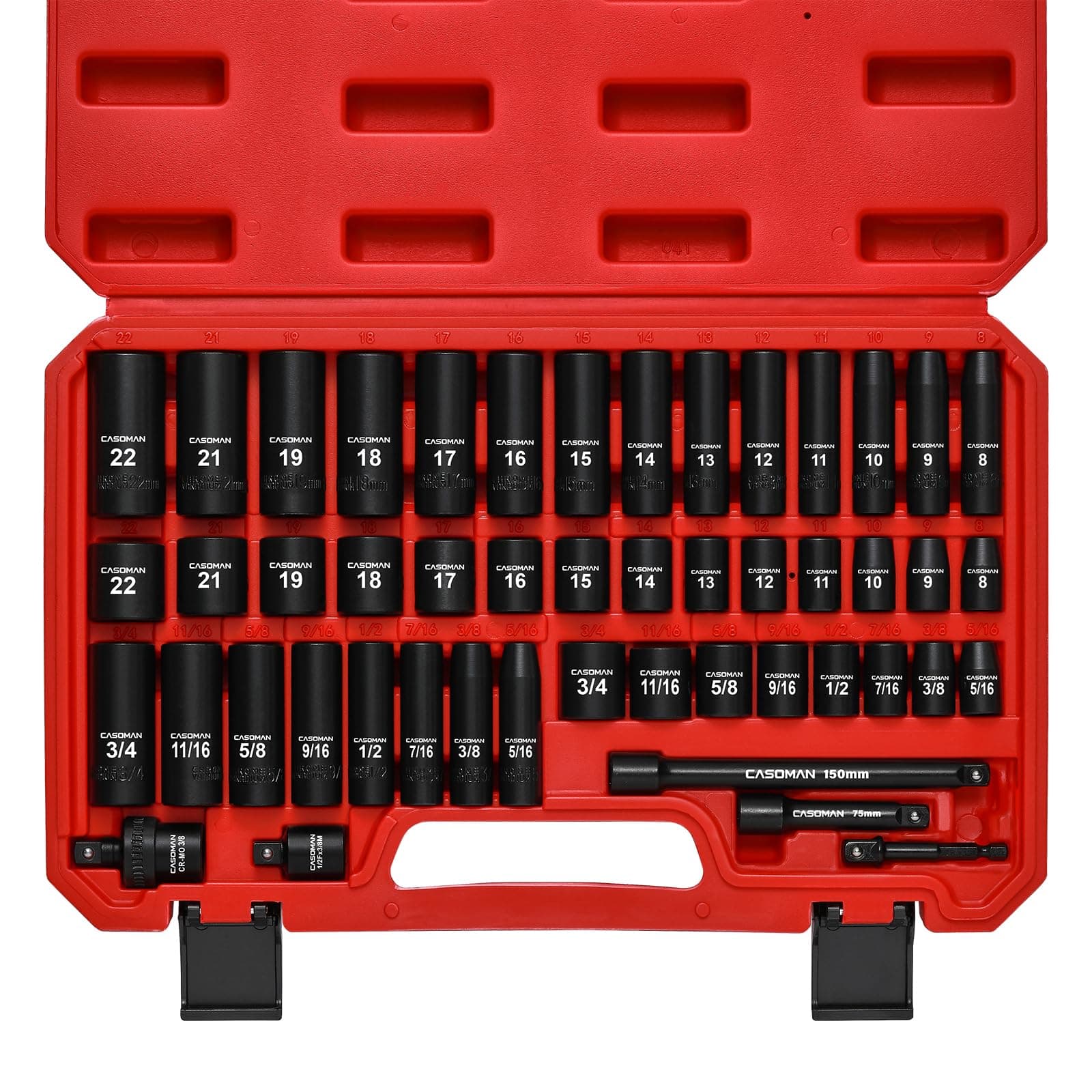 3/8" Drive Impact Socket Set, 49 Piece Standard SAE and Metric Sizes (5/16-Inch to 3/4-Inch and 8-22 mm), 6 Point, Cr-V Steel Socket Set