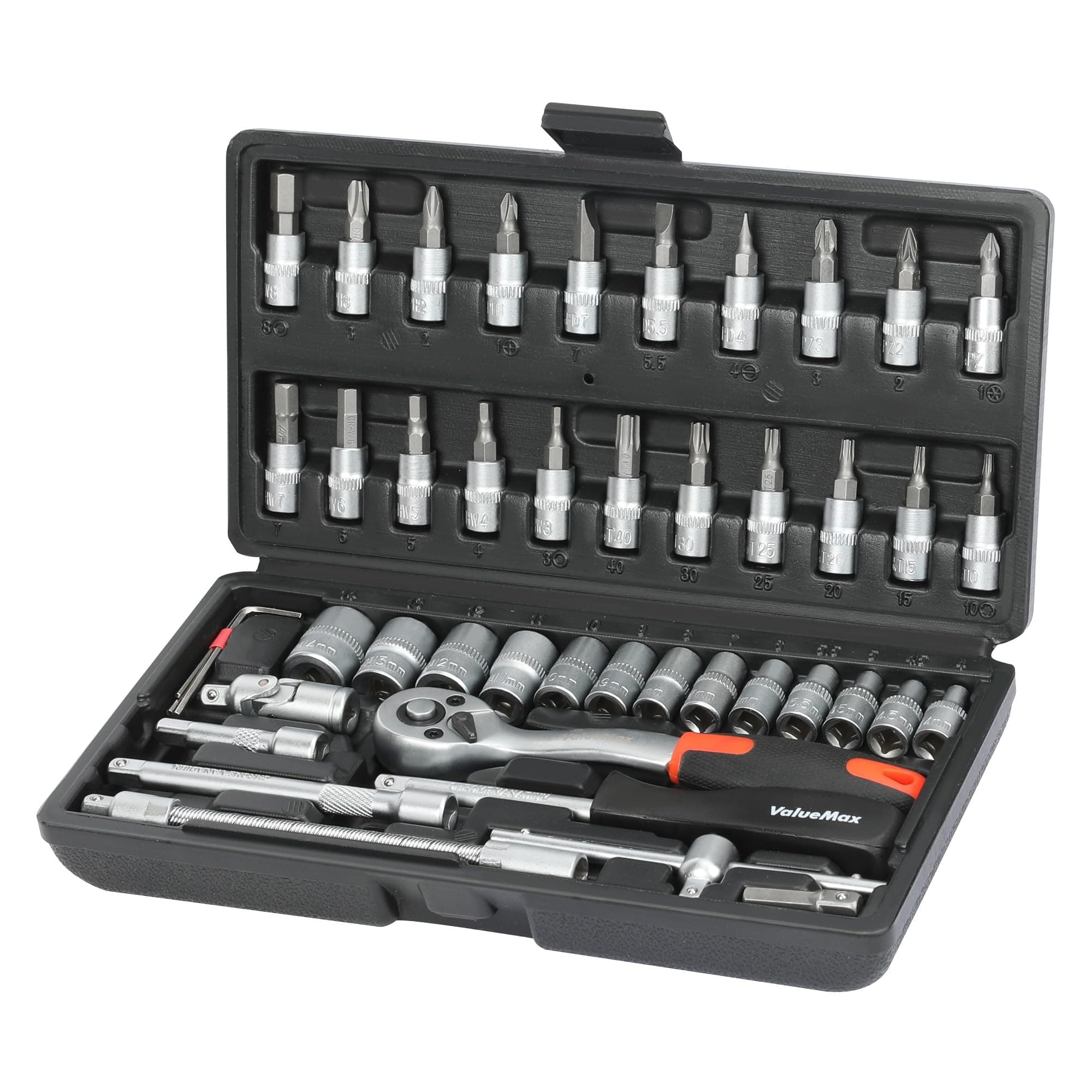 ValueMax 46-Piece Socket Wrench Set, 1/4'' Socket Set, Cr-V Steel Ratchet Set, Mechanic Tool Kit, Car Repair Tools