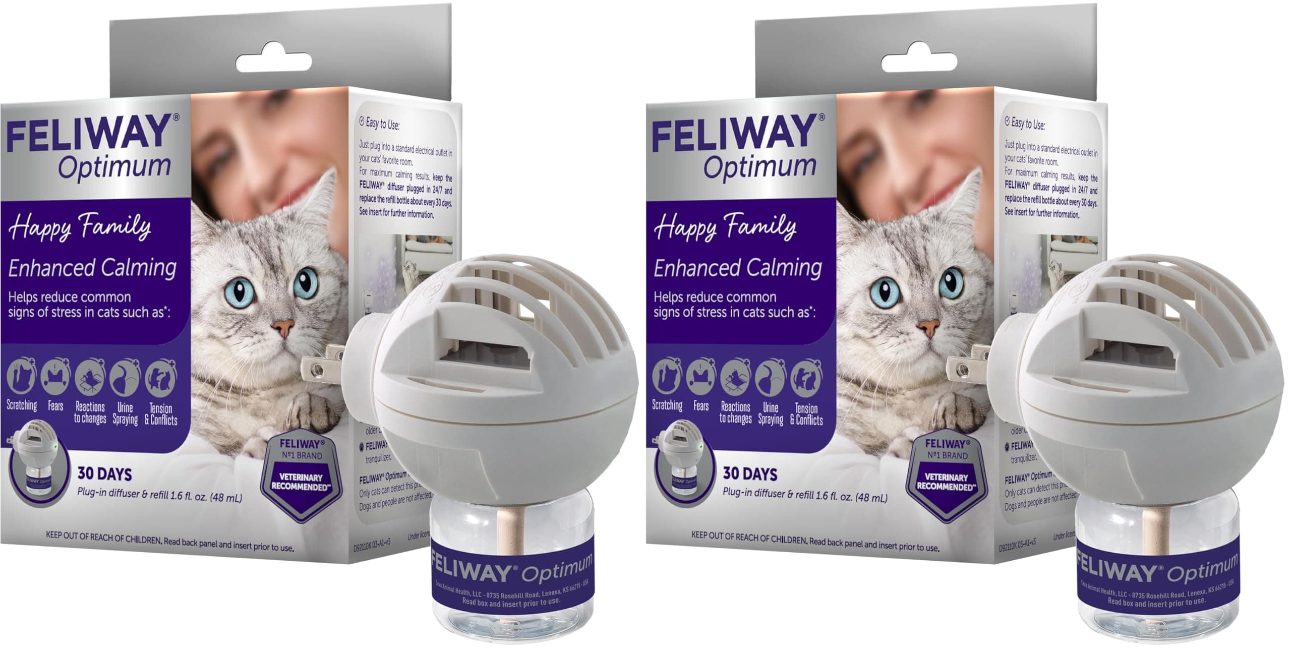 Aroma Diffuser, Optimum Cat, Enhanced Calming Pheromone, 48 mL | 30 Day | Starter Kit | Translucent | Pack of 2