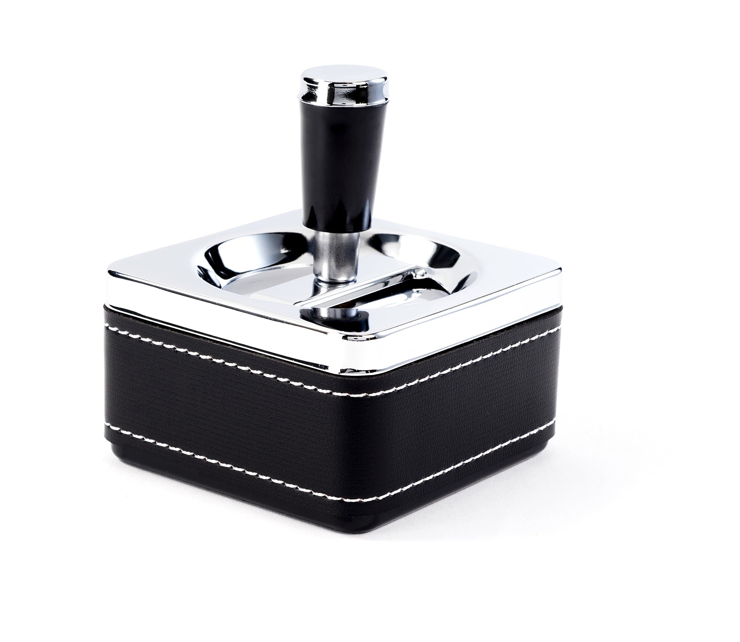 Large elegant modern spinning wind-proof ashtray, 9 cm, black, chrome, silver, 4-eckig