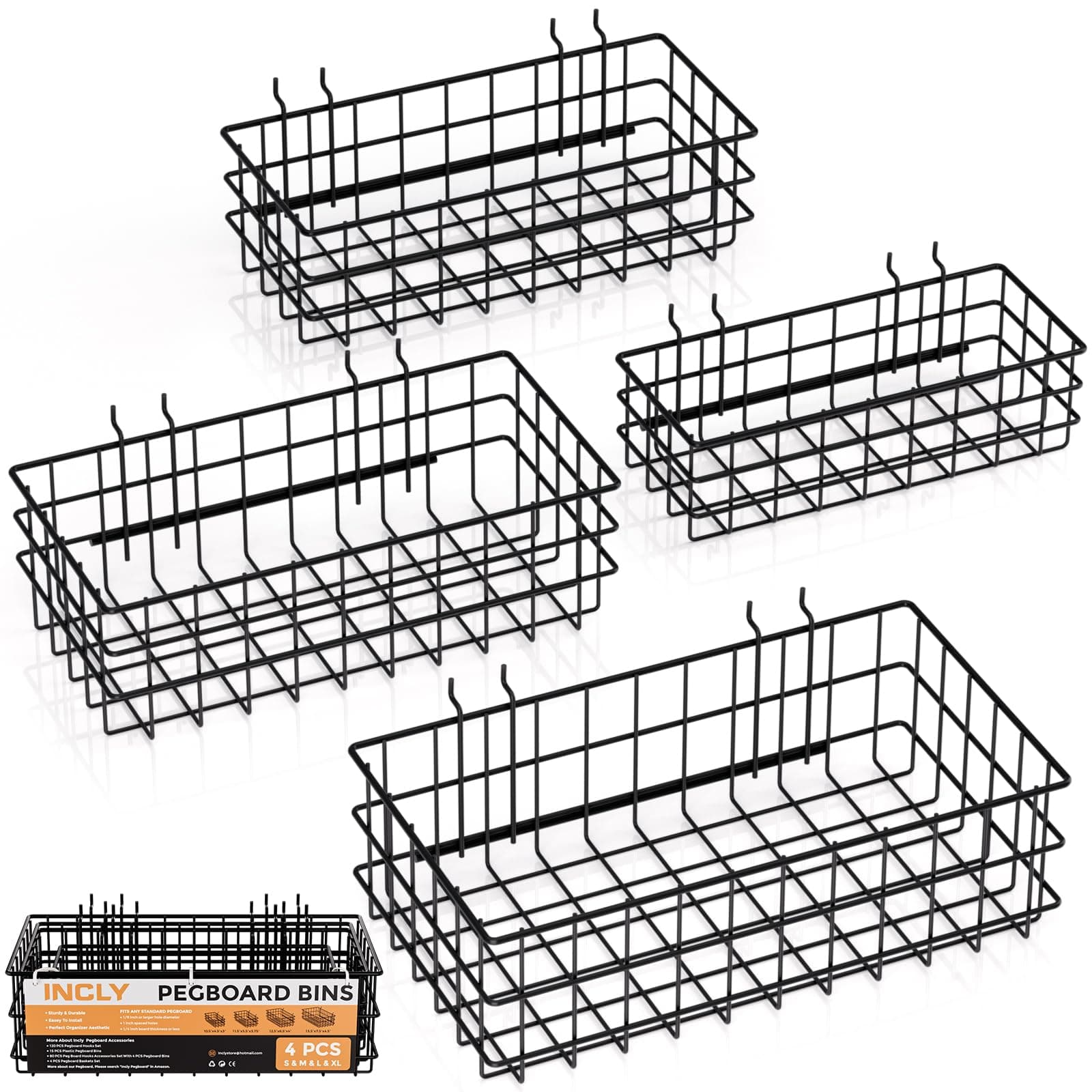 – 4 Pack Pegboard Baskets Bins Set, 4 Size Square Style Black Metal Wire Basket for Any Peg Board Organizing Tools, Pegboard Accessories for Workbench Garage Wall Storage Attachments