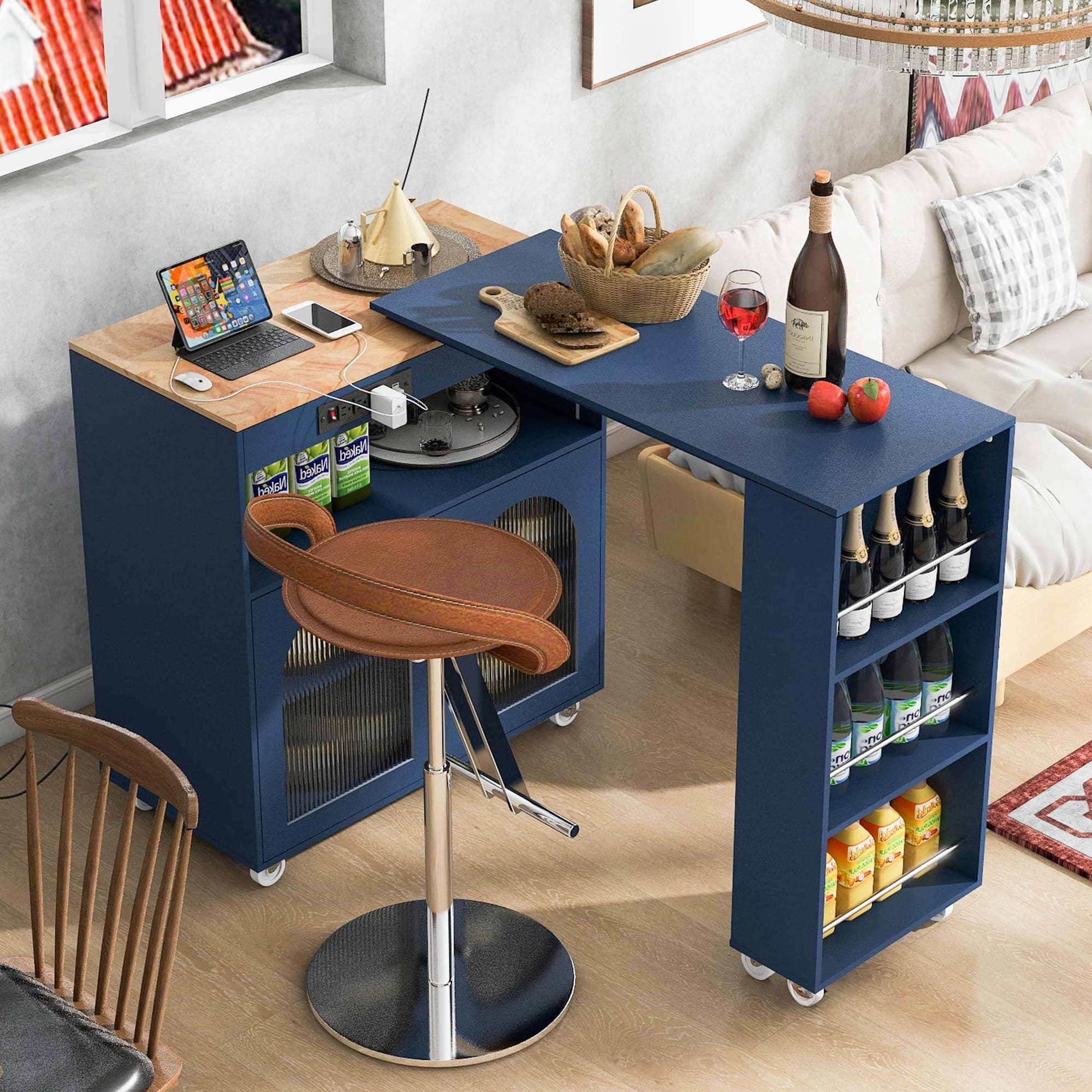 LUMISOL Kitchen Island on Wheels with Extended Table, Rolling Kitchen Cart with LED Lights & Power Outlets, Side Table with 3 Open Shelves and 2 Fluted Glass Doors, Navy