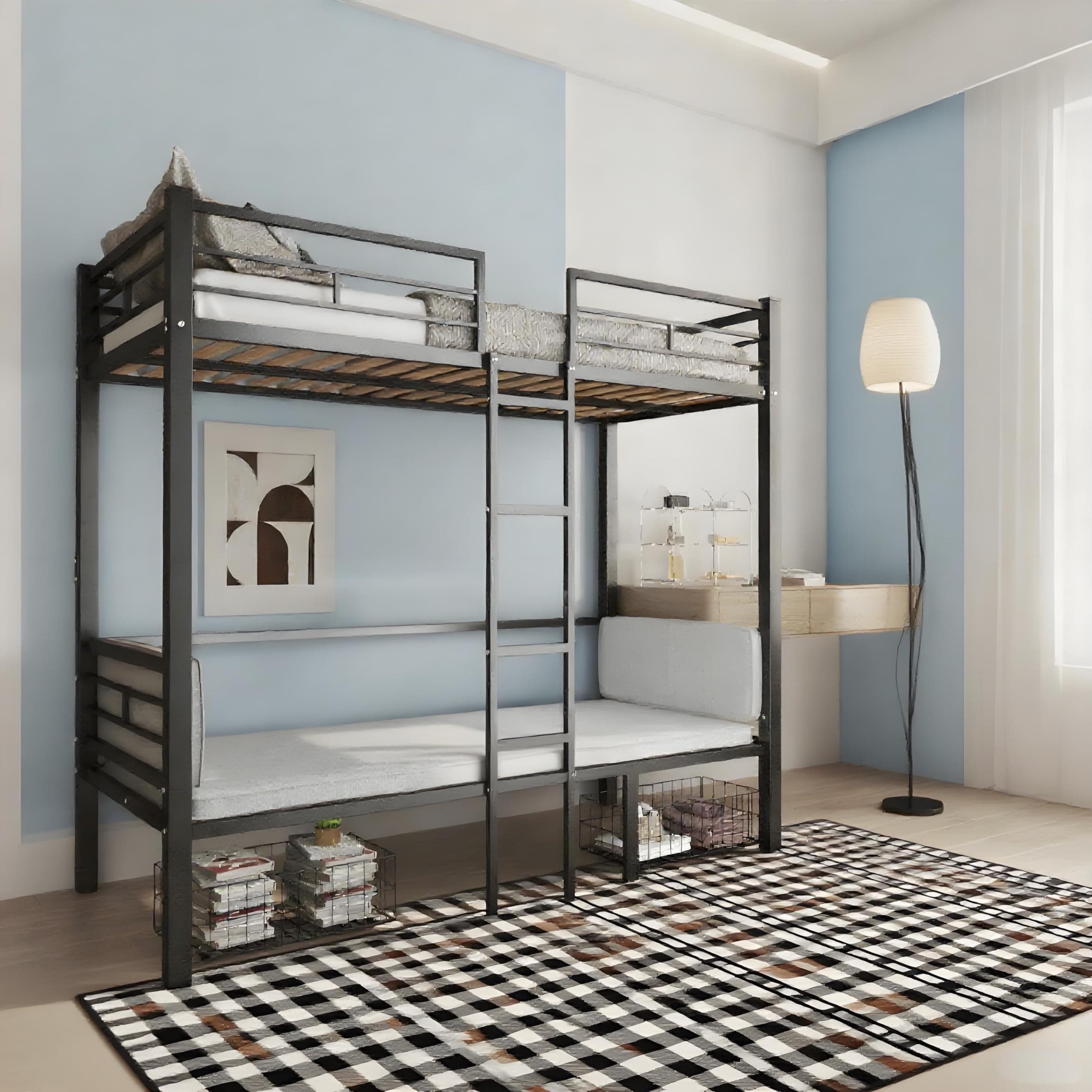 Full High Loft Bed with Desk, Convertible Bunk Bed Frame with Guardrail & Ladders & Storage Drawers, No Box Spring Needed, Black (Cushion not Included)