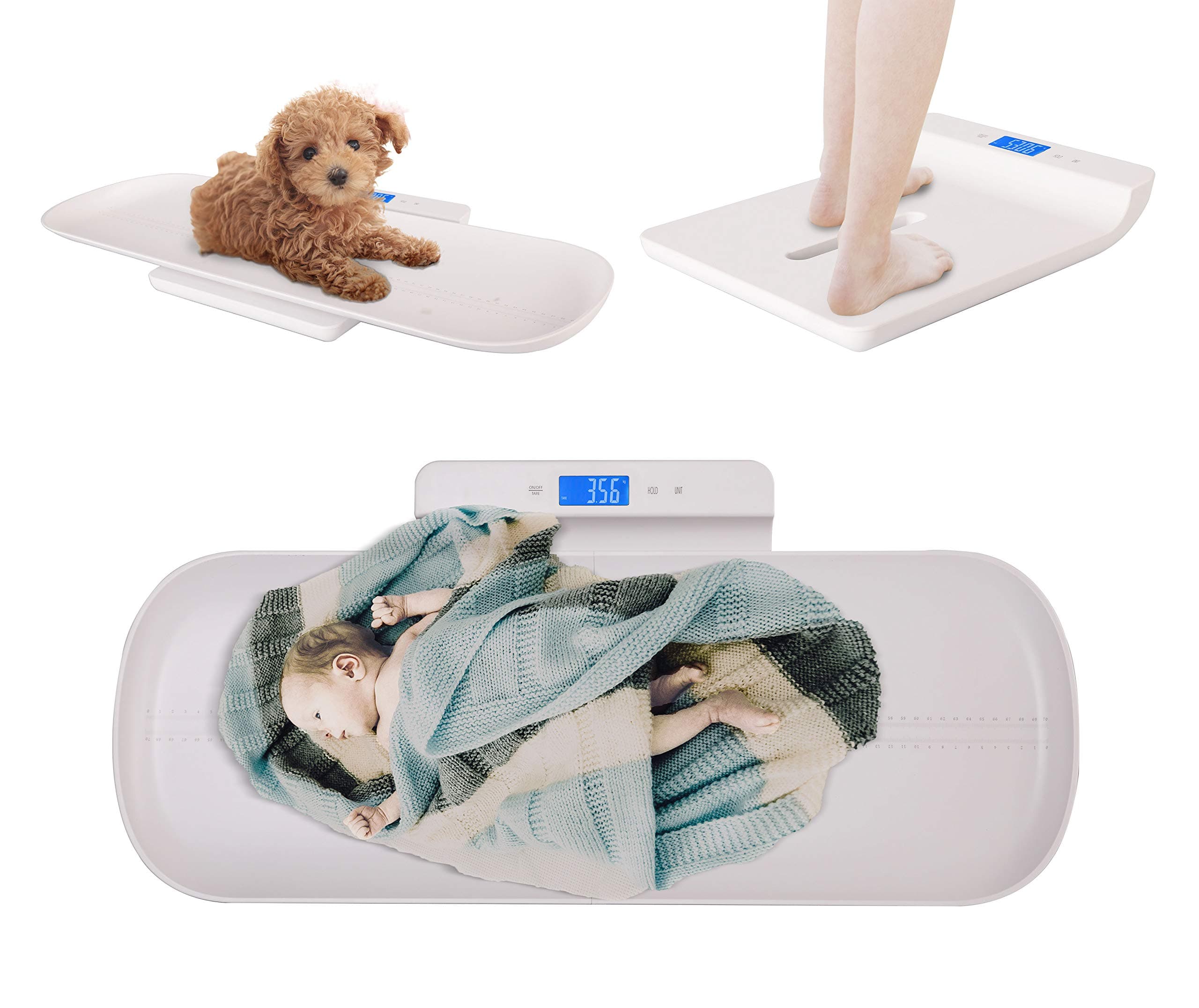 Baby Scale, Pet Scale, Multi-Function Digital Scale Measure Toddler/Adult/Puppy/Cat/Dog Weight(Max:220LBS) and Height(Max:70CM) Accurately, Precision at ± 10g, KG/LB/OZ, Blue Backlight