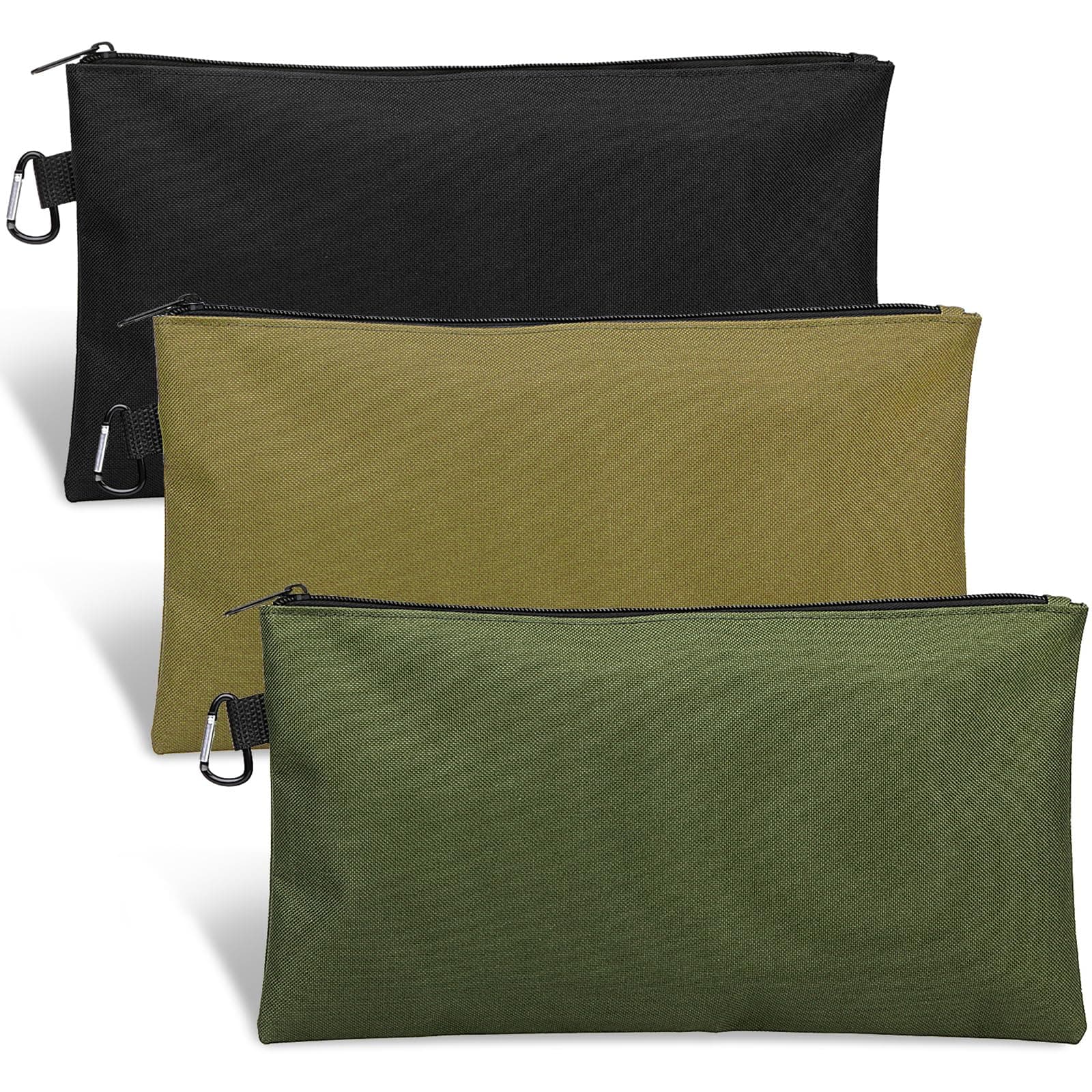 3 Pack Tool Bag Zipper Pouch, Premium Tool Pouch, Utility Multipurpose Storage Organizer Tool Pouches with Carabiner Metal Zipper for Tools, Stationary, Pencil Pouch (3 Pack, Tan, Navy Green, Black)