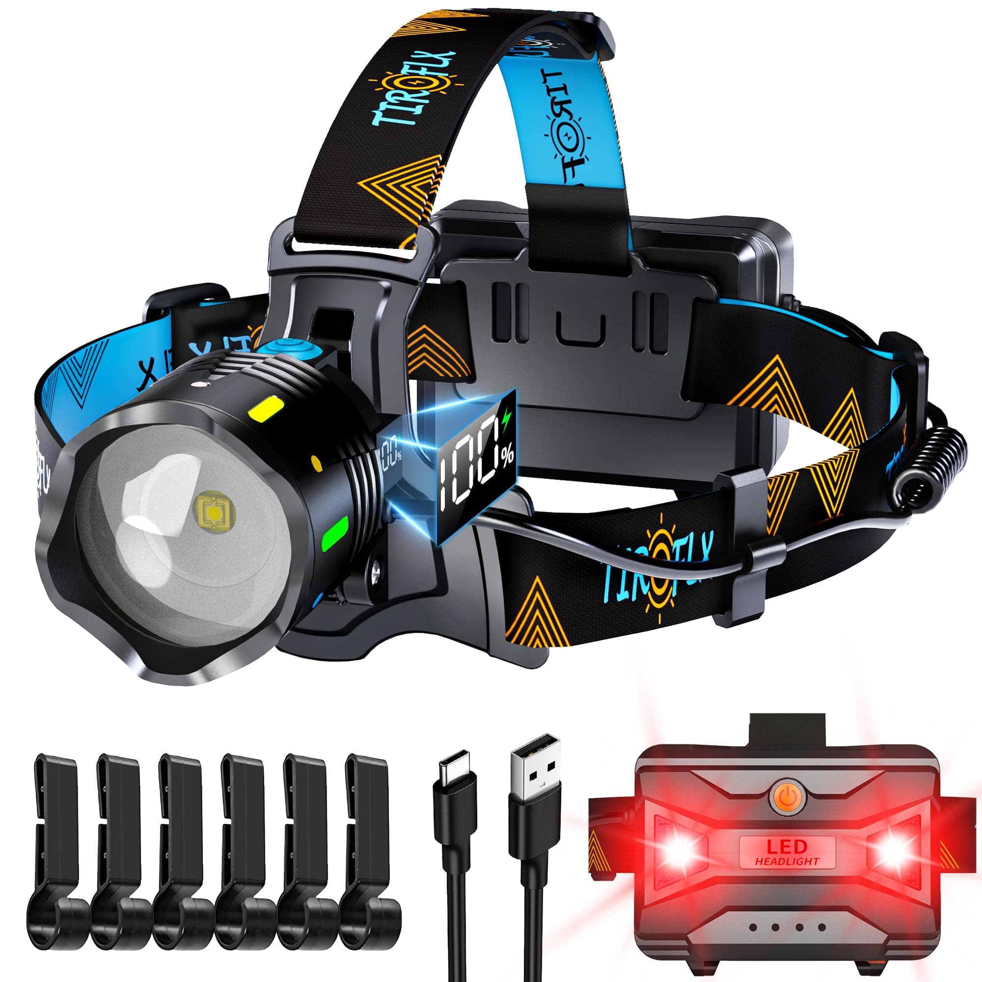 11 Modes Headlamp Sensor Red Warning Zoomable Energy Saving, 90 Hour Battery Standby Head Lamp, IP68 Waterproof and 125° Adjustable Head Light for Outdoor Camping Hiking Hunting Hardhat