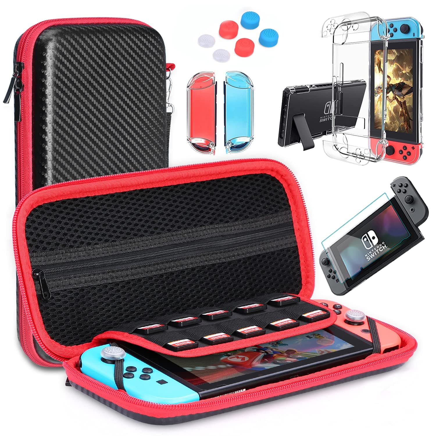 AISITIN Carrying Protective Case kit for Nintendo Switch, Compatible with Nintendo Switch Game Card Case and Protective Case with Tempered Glass Screen Protector,and Two thumb grip For Nintendo Switch