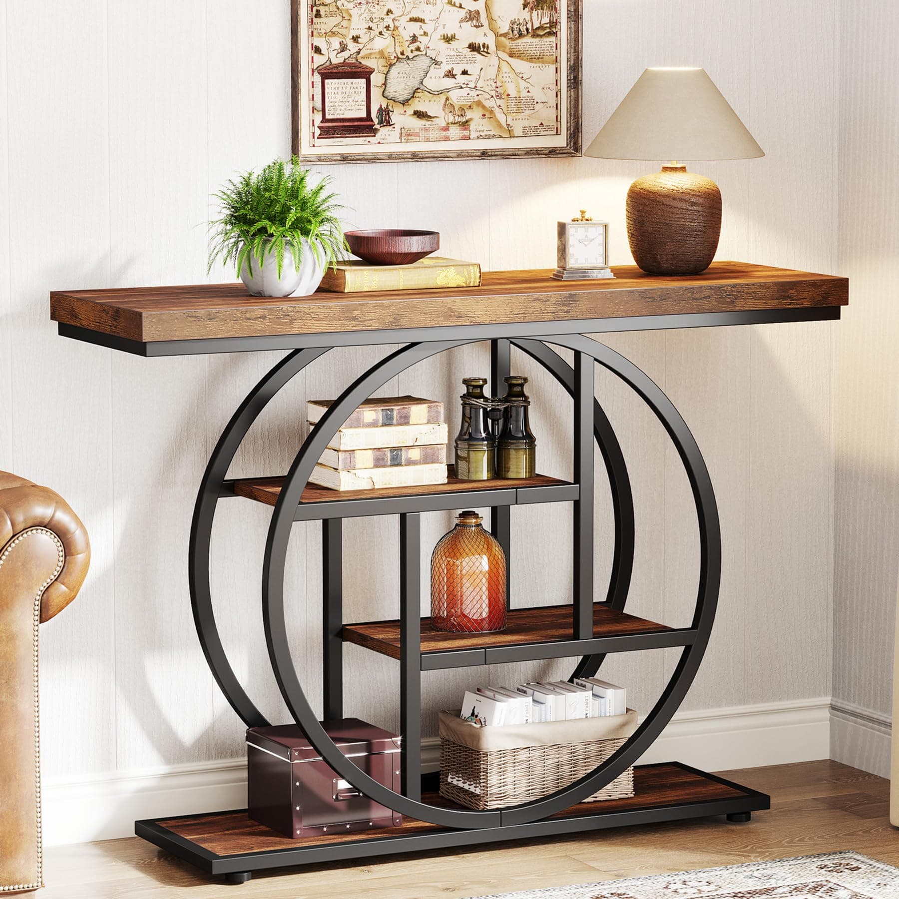 105CM Console Table, Industrial 4-Tier Sofa Entryway Table with Circle Base, Narrow Wood Accent Tables with Storage Shelves for Living Room, Hallway, Foyer, Rustic Brown
