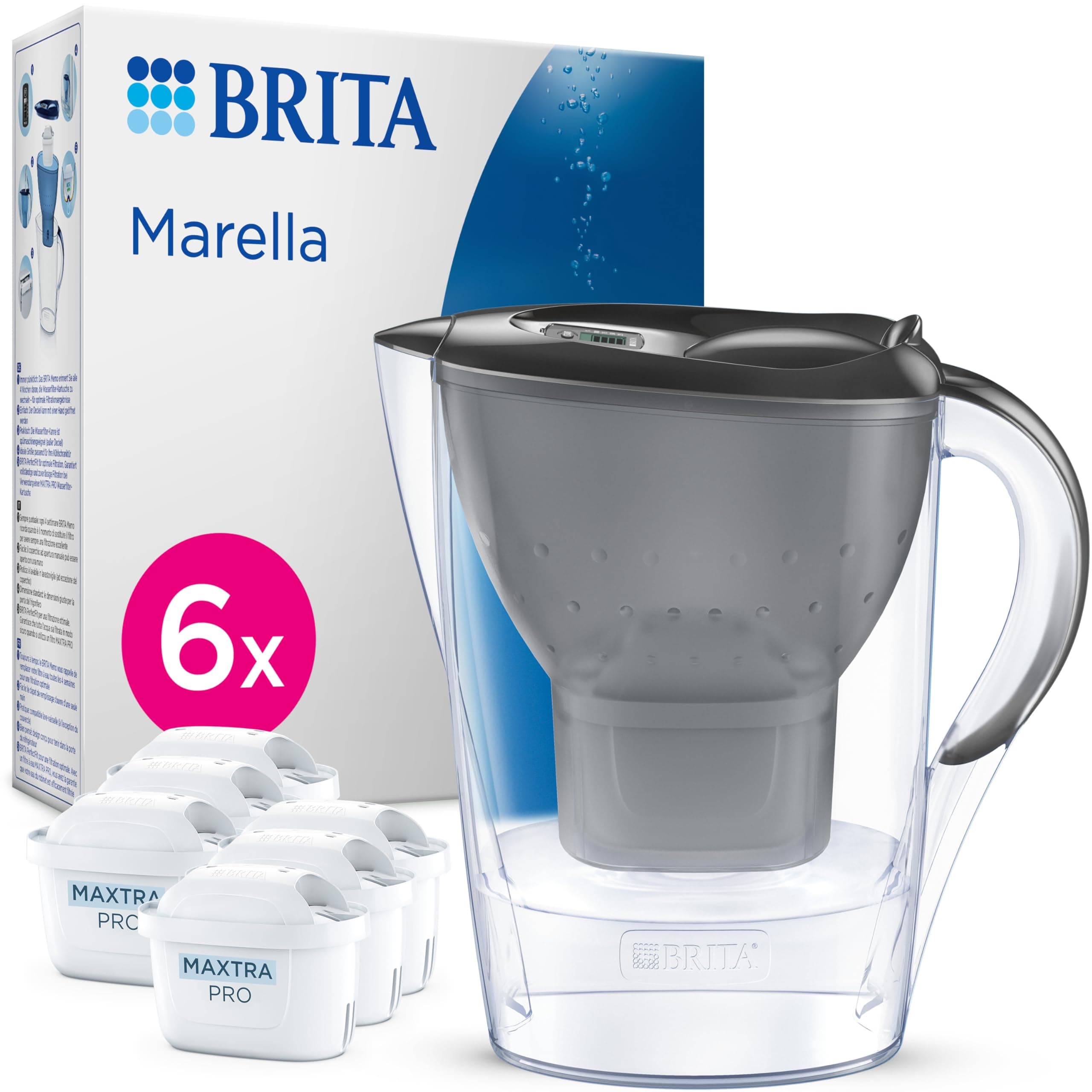 Marella Water Filter Jug Graphite (2.4L) Half Year Pack incl. 6x MAXTRA PRO Pure Performance cartridge - fridge-fitting jug with digital LTI and Flip-Lid - now in sustainable Smart Box packaging