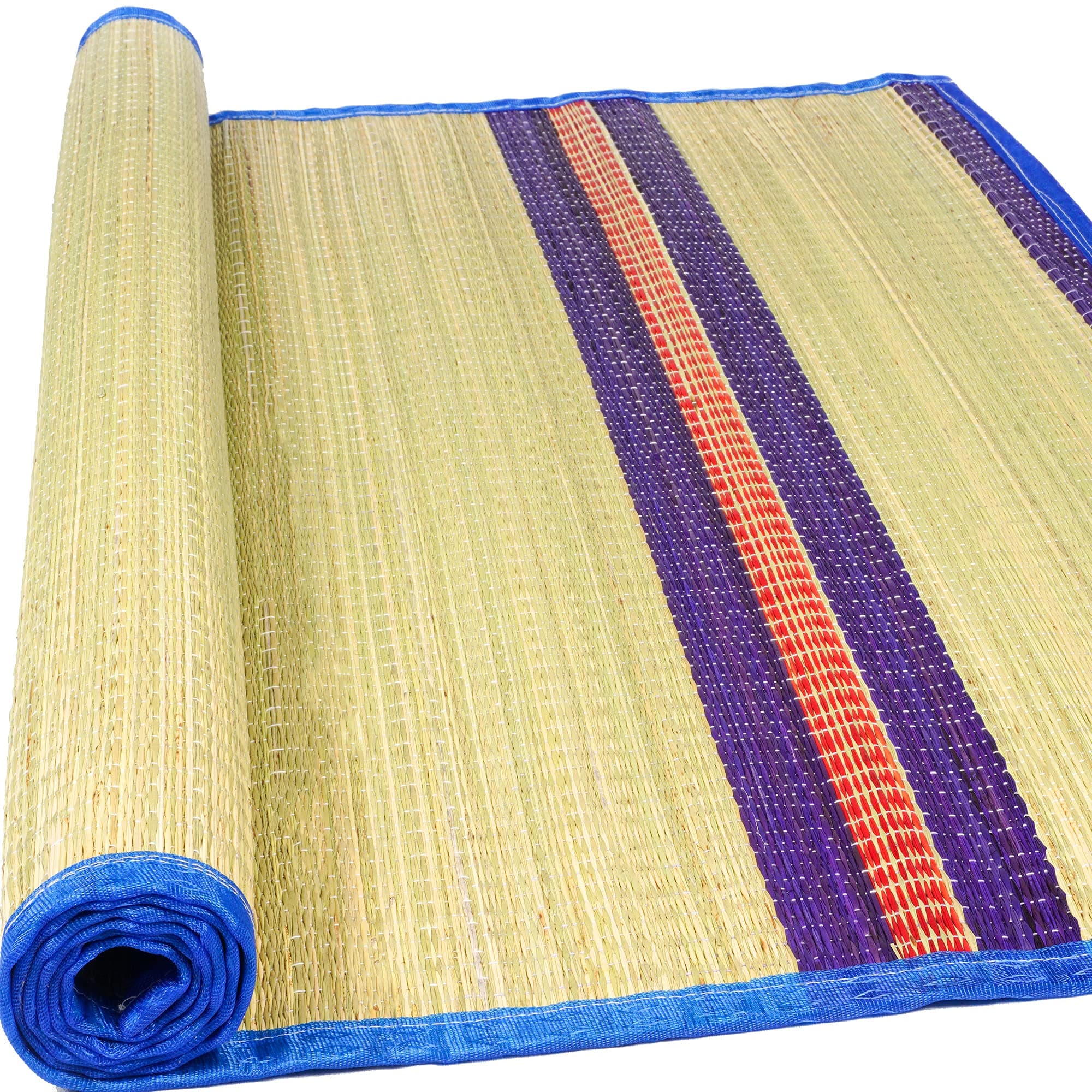 Charqoal Rectangular Korai Grass Mat 3.5 X 6 Feet (42 X 72 Inch) Large Size Versatile Bed/Yoga/Floor/Sleeping Mat, Korai Pai, Sleep Chatai Foldable Both Side Usable At Home (Blue)